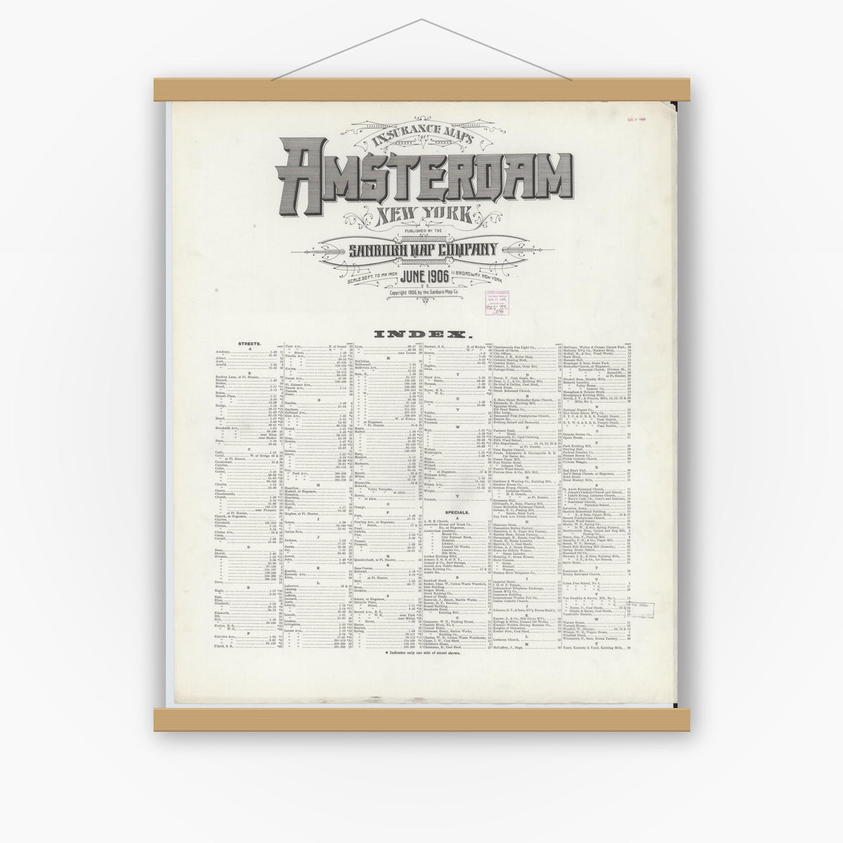 Old map wall art mockup — magnetic wood frame on white wall — Sanborn Fire Insurance Map from Amsterdam, Montgomery County, New York (1906), Sheet #0001