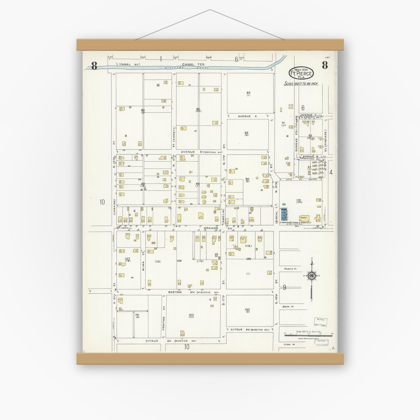 Old map wall art mockup — magnetic wood frame on white wall — Sanborn Fire Insurance Map from Fort Pierce, St Lucie County, Florida (1924), Sheet #0008