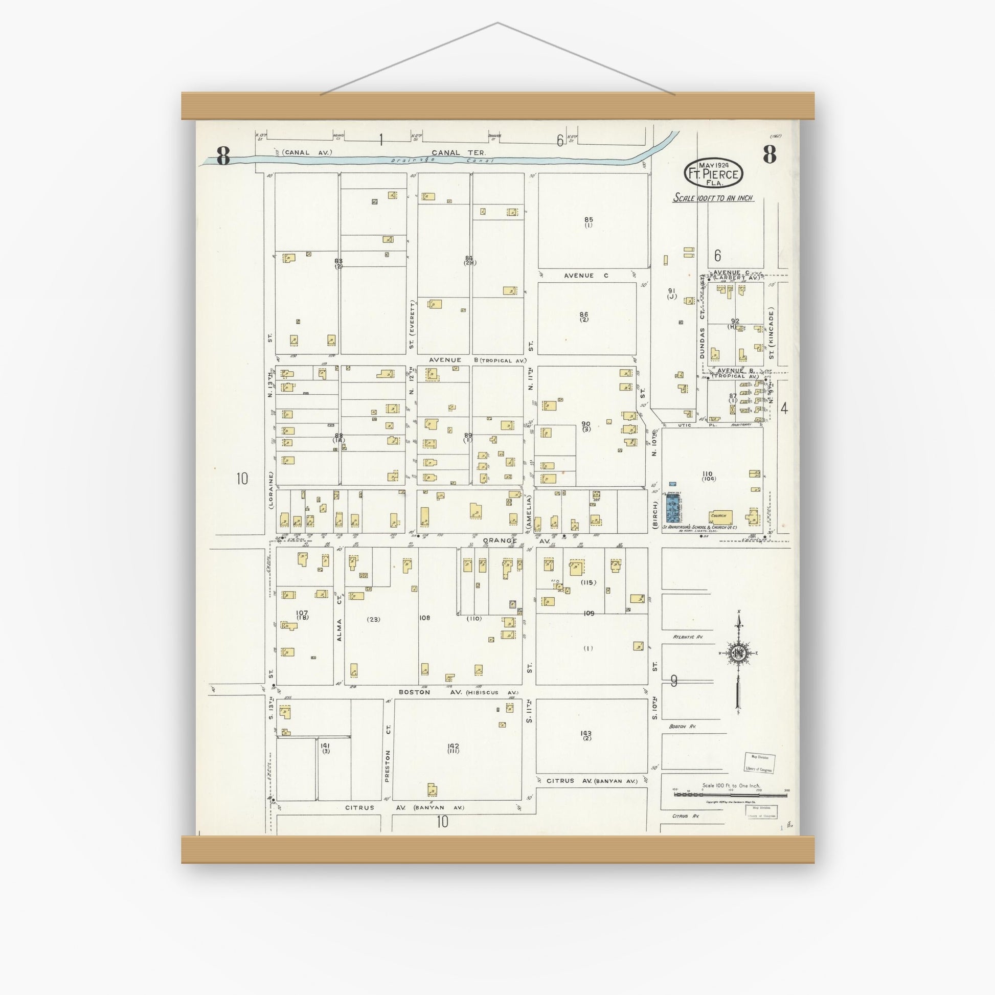Old map wall art mockup — magnetic wood frame on white wall — Sanborn Fire Insurance Map from Fort Pierce, St Lucie County, Florida (1924), Sheet #0008