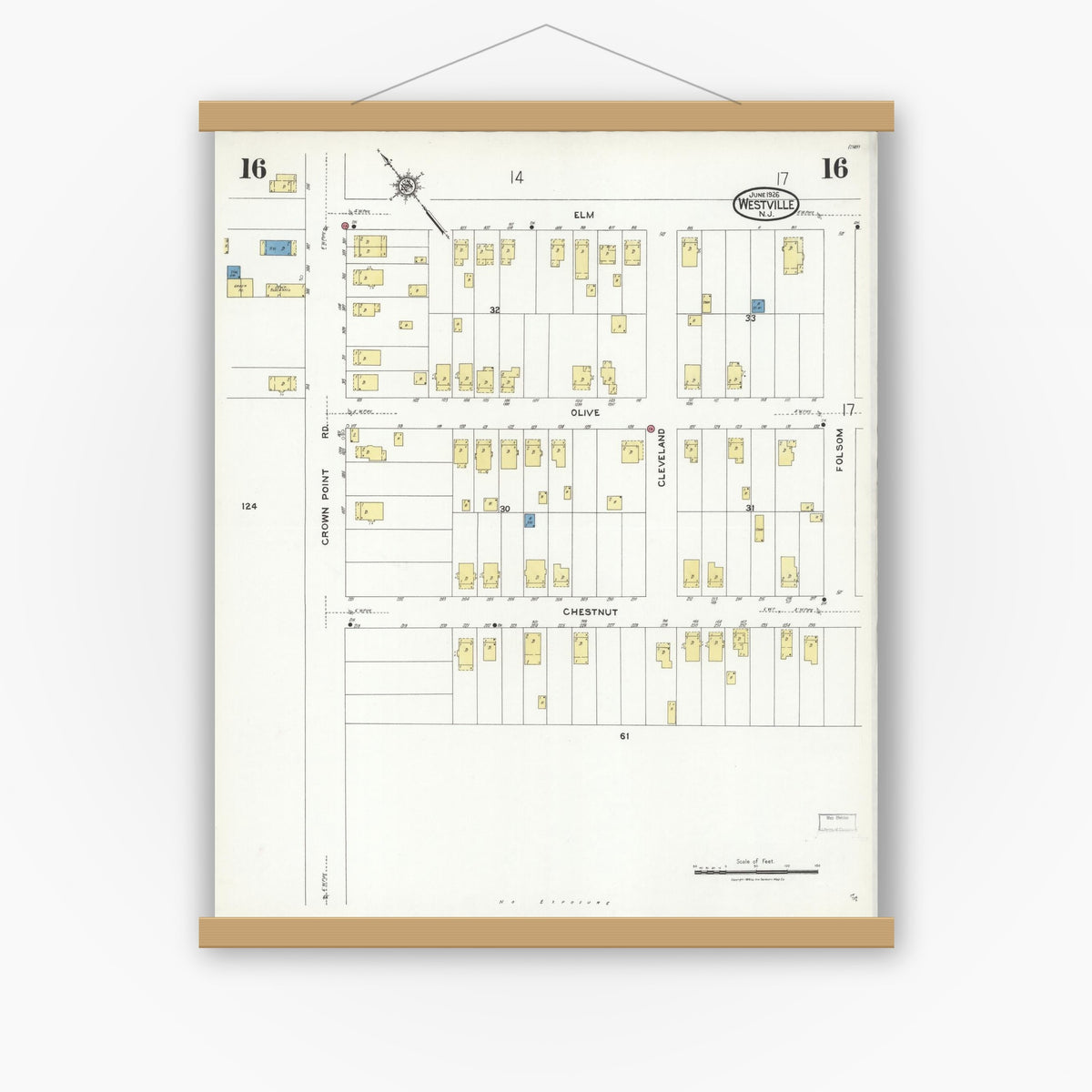 Old map wall art mockup — magnetic wood frame on white wall — Sanborn Fire Insurance Map from Westville, Gloucester County, New Jersey (1926), Sheet #0016