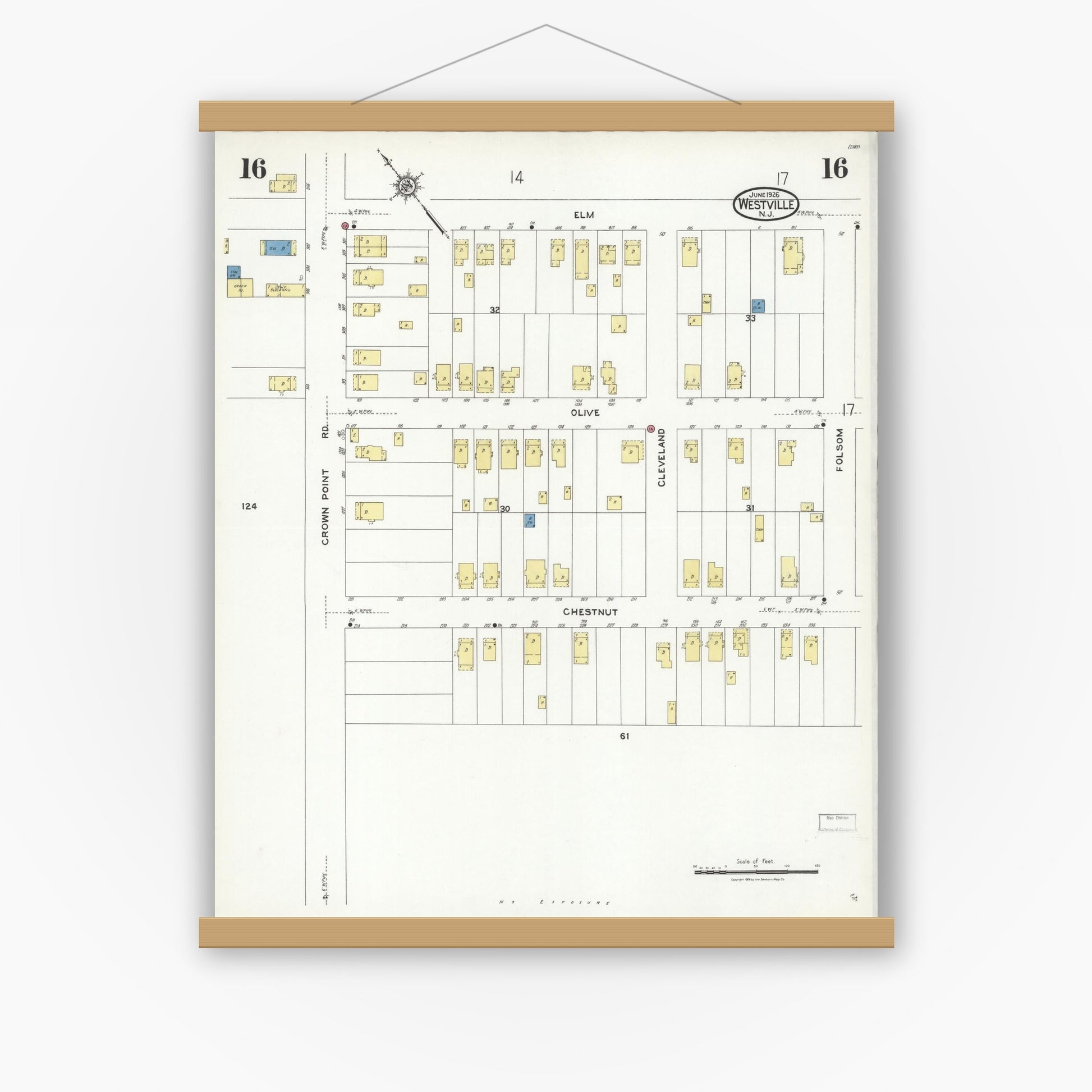 Old map wall art mockup — magnetic wood frame on white wall — Sanborn Fire Insurance Map from Westville, Gloucester County, New Jersey (1926), Sheet #0016