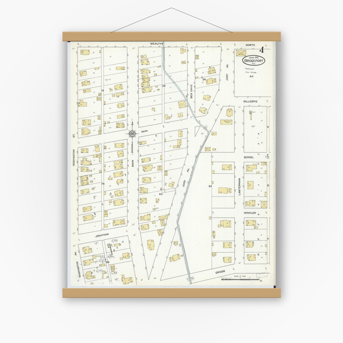 Old map wall art mockup — magnetic wood frame on white wall — Sanborn Fire Insurance Map from Bridgeport, Lawrence County, Illinois (1912), Sheet #0004