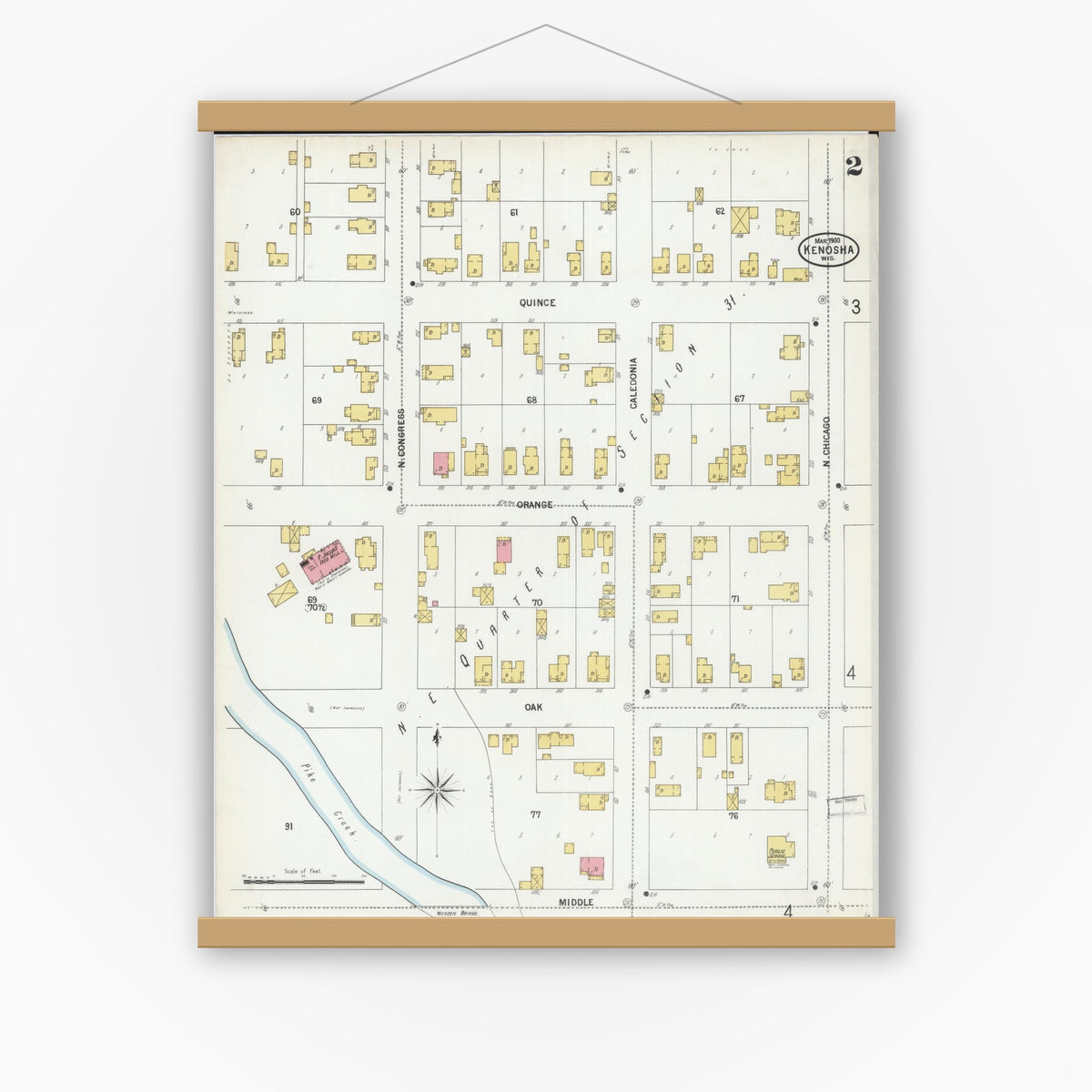Old map wall art mockup — magnetic wood frame on white wall — Sanborn Fire Insurance Map from Kenosha, Kenosha County, Wisconsin (1900), Sheet #0002