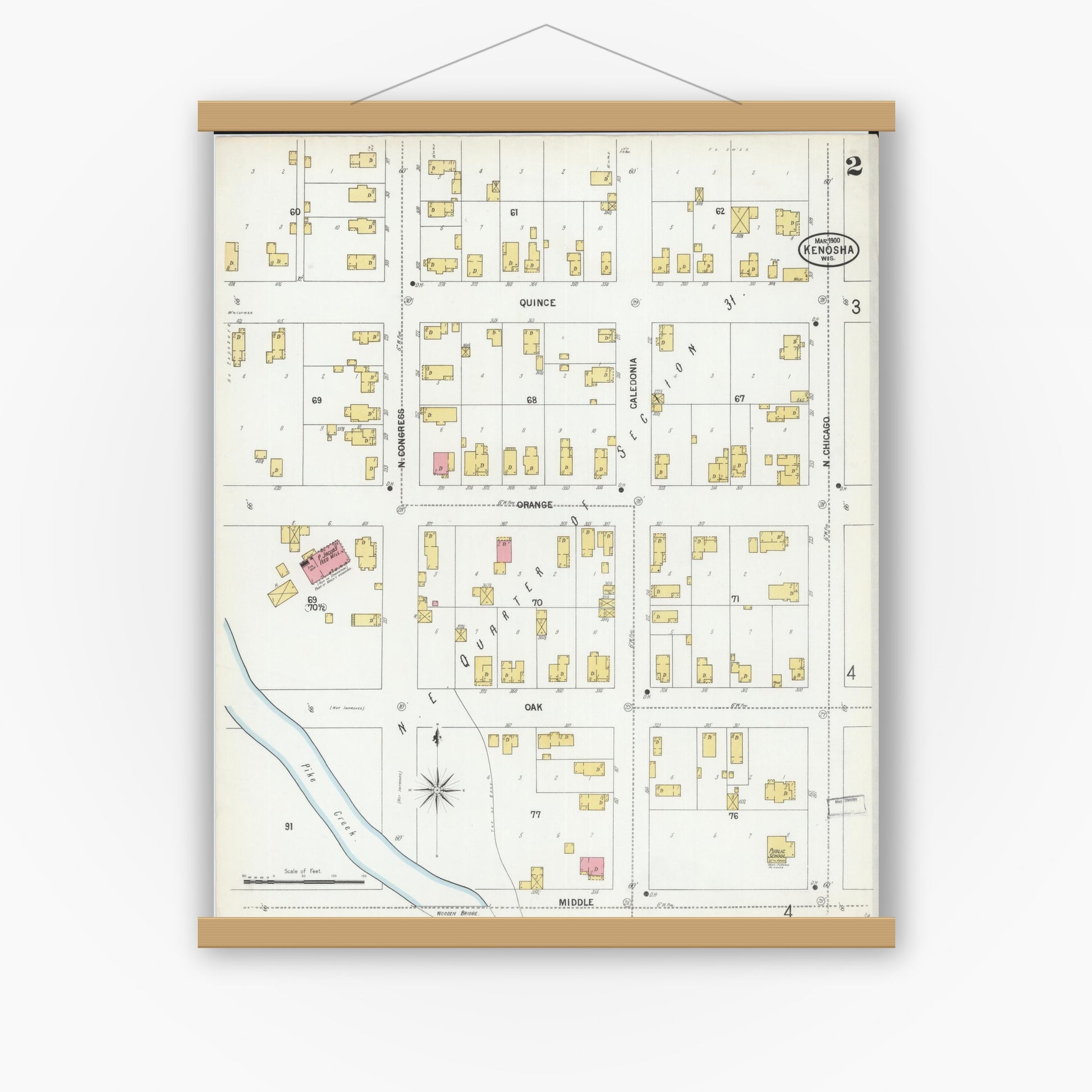 Old map wall art mockup — magnetic wood frame on white wall — Sanborn Fire Insurance Map from Kenosha, Kenosha County, Wisconsin (1900), Sheet #0002