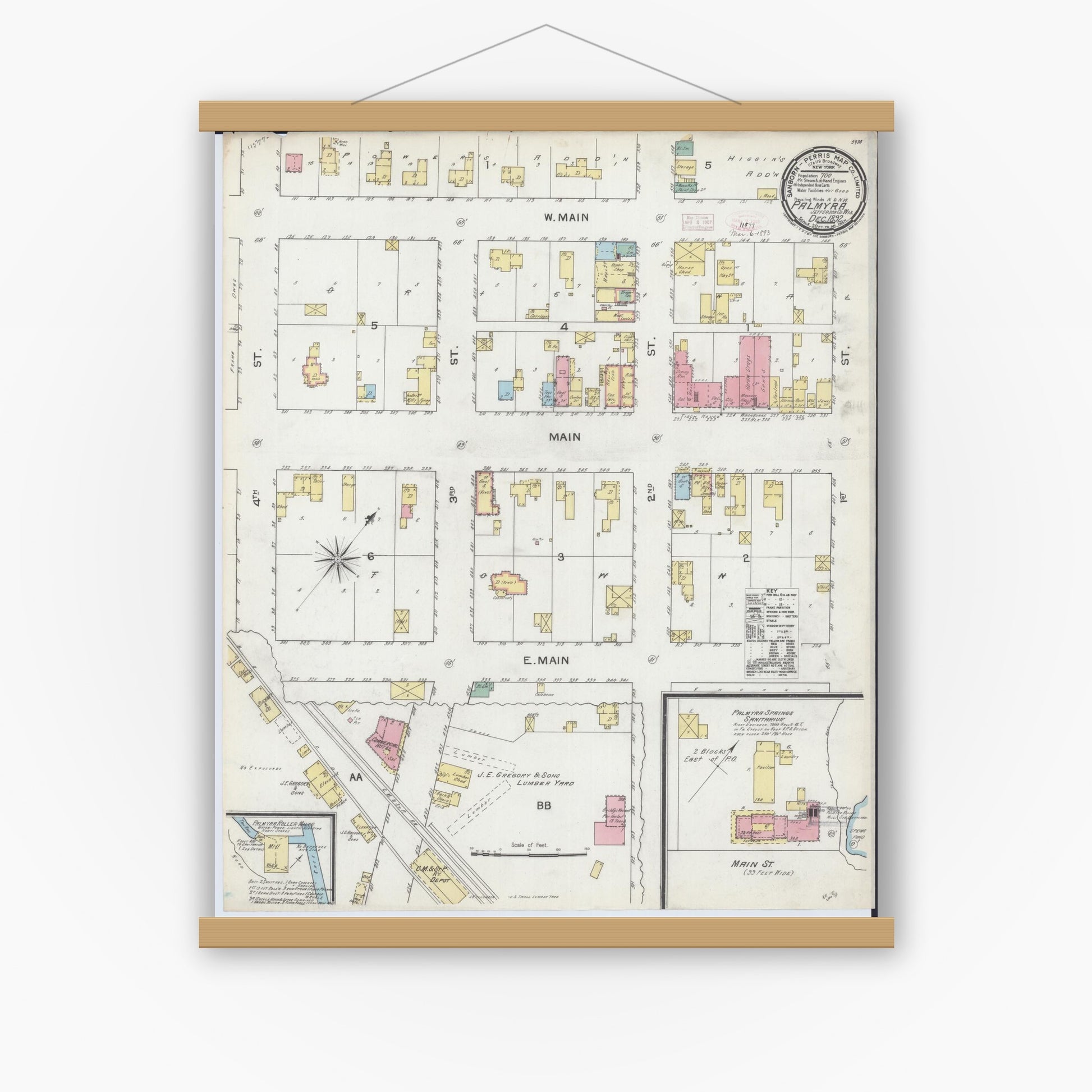Old map wall art mockup — magnetic wood frame on white wall — Sanborn Fire Insurance Map from Palmyra, Jefferson County, Wisconsin (1892), Sheet #0001
