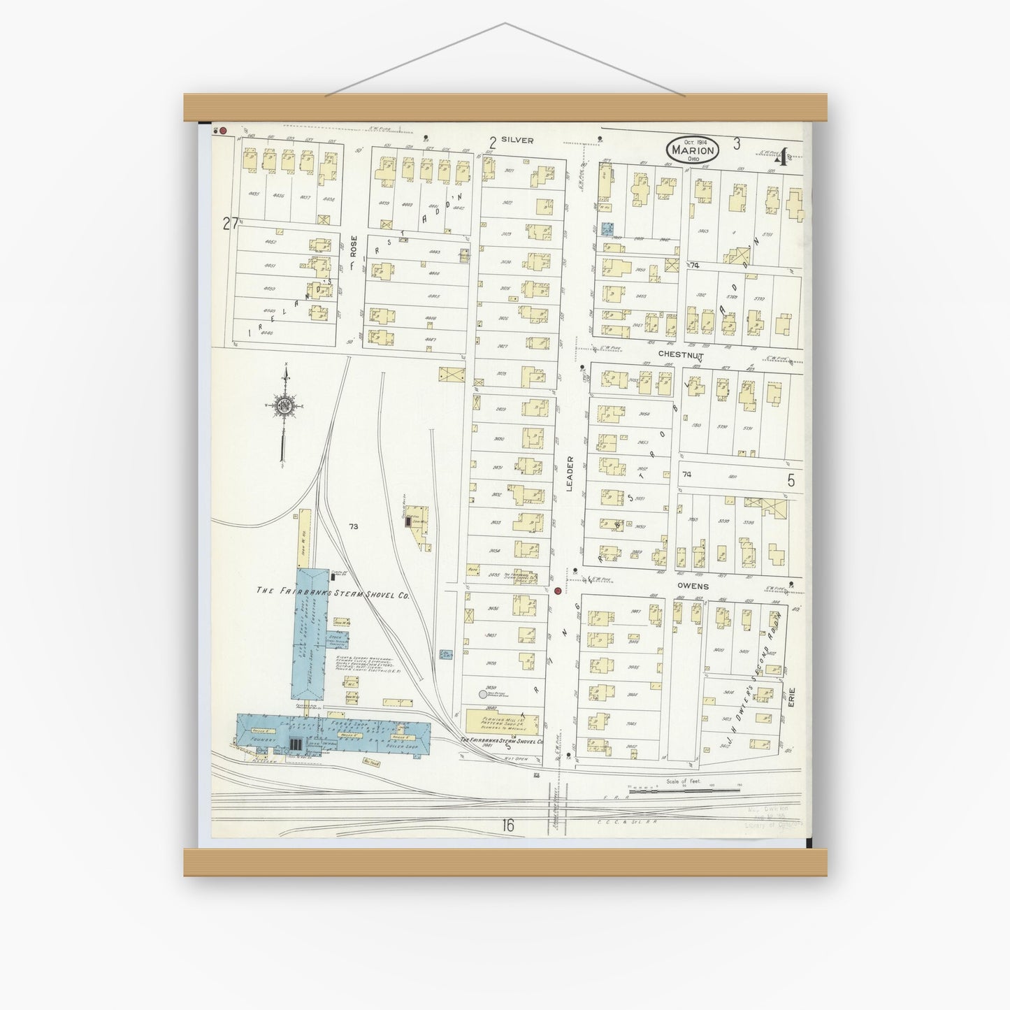 Old map wall art mockup — magnetic wood frame on white wall — Sanborn Fire Insurance Map from Marion, Marion County, Ohio (1914), Sheet #0004