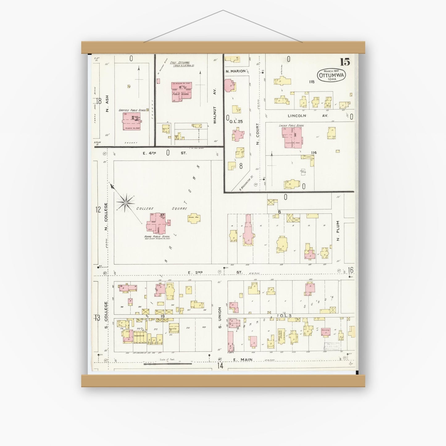 Old map wall art mockup — magnetic wood frame on white wall — Sanborn Fire Insurance Map from Ottumwa, Wapello County, Iowa (1897), Sheet #0015