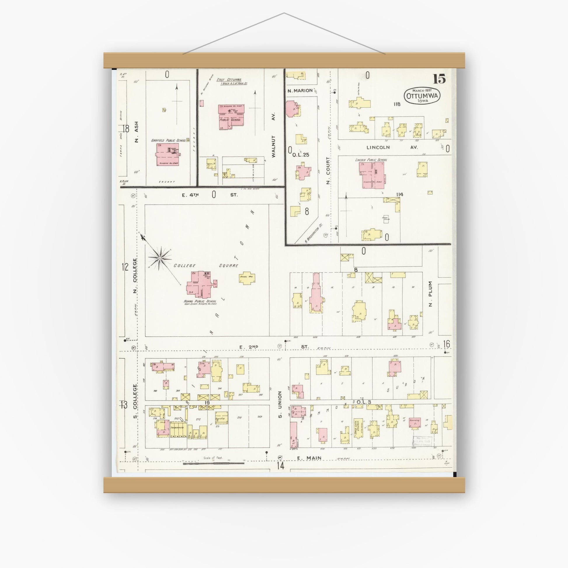 Old map wall art mockup — magnetic wood frame on white wall — Sanborn Fire Insurance Map from Ottumwa, Wapello County, Iowa (1897), Sheet #0015