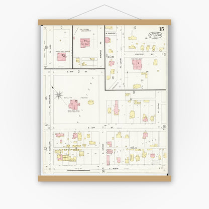 Old map wall art mockup — magnetic wood frame on white wall — Sanborn Fire Insurance Map from Ottumwa, Wapello County, Iowa (1897), Sheet #0015