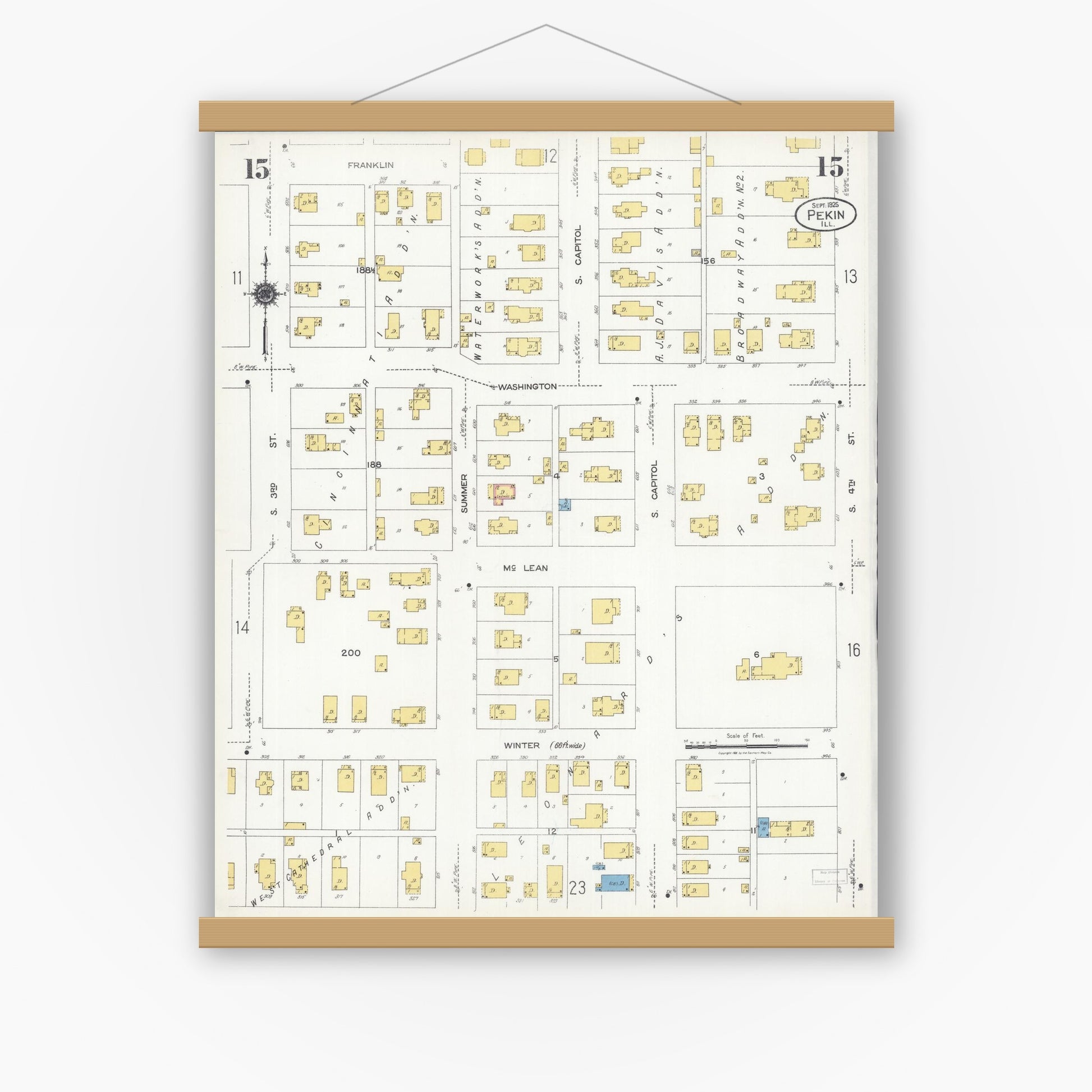 Old map wall art mockup — magnetic wood frame on white wall — Sanborn Fire Insurance Map from Pekin, Tazewell County, Illinois (1925), Sheet #0015