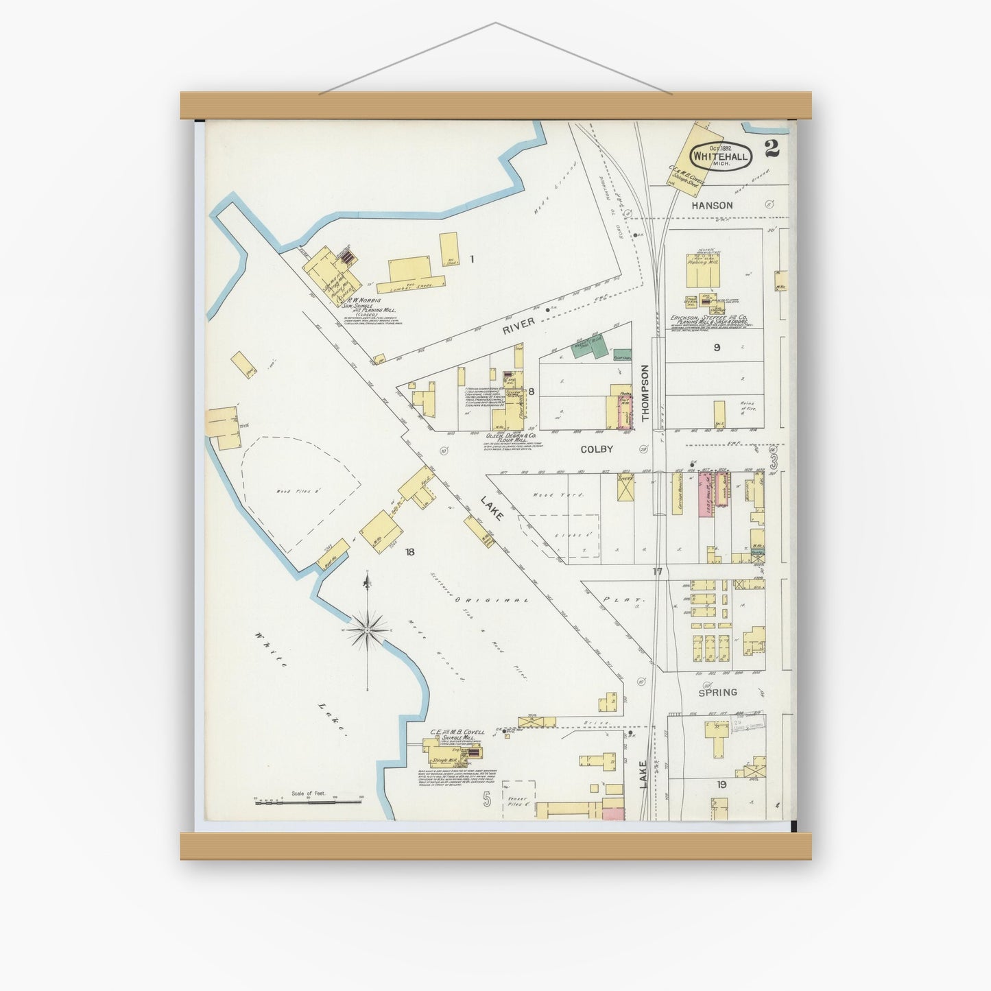 Old map wall art mockup — magnetic wood frame on white wall — Sanborn Fire Insurance Map from Whitehall, Muskegon County, Michigan (1892), Sheet #0002