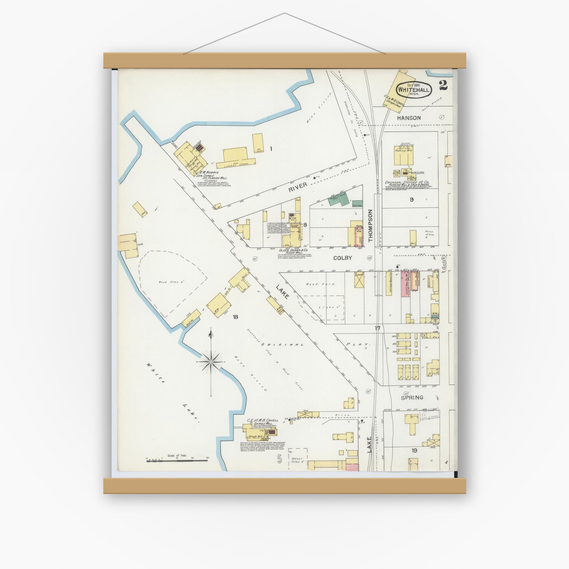 Old map wall art mockup — magnetic wood frame on white wall — Sanborn Fire Insurance Map from Whitehall, Muskegon County, Michigan (1892), Sheet #0002