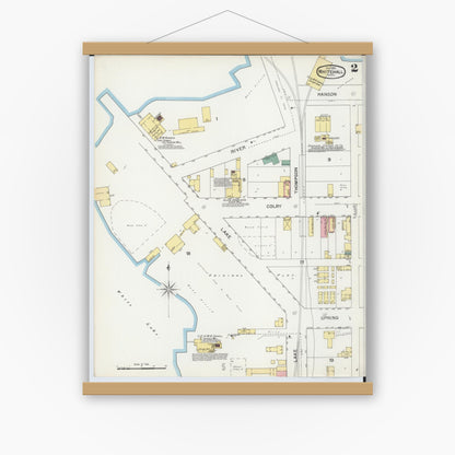 Old map wall art mockup — magnetic wood frame on white wall — Sanborn Fire Insurance Map from Whitehall, Muskegon County, Michigan (1892), Sheet #0002