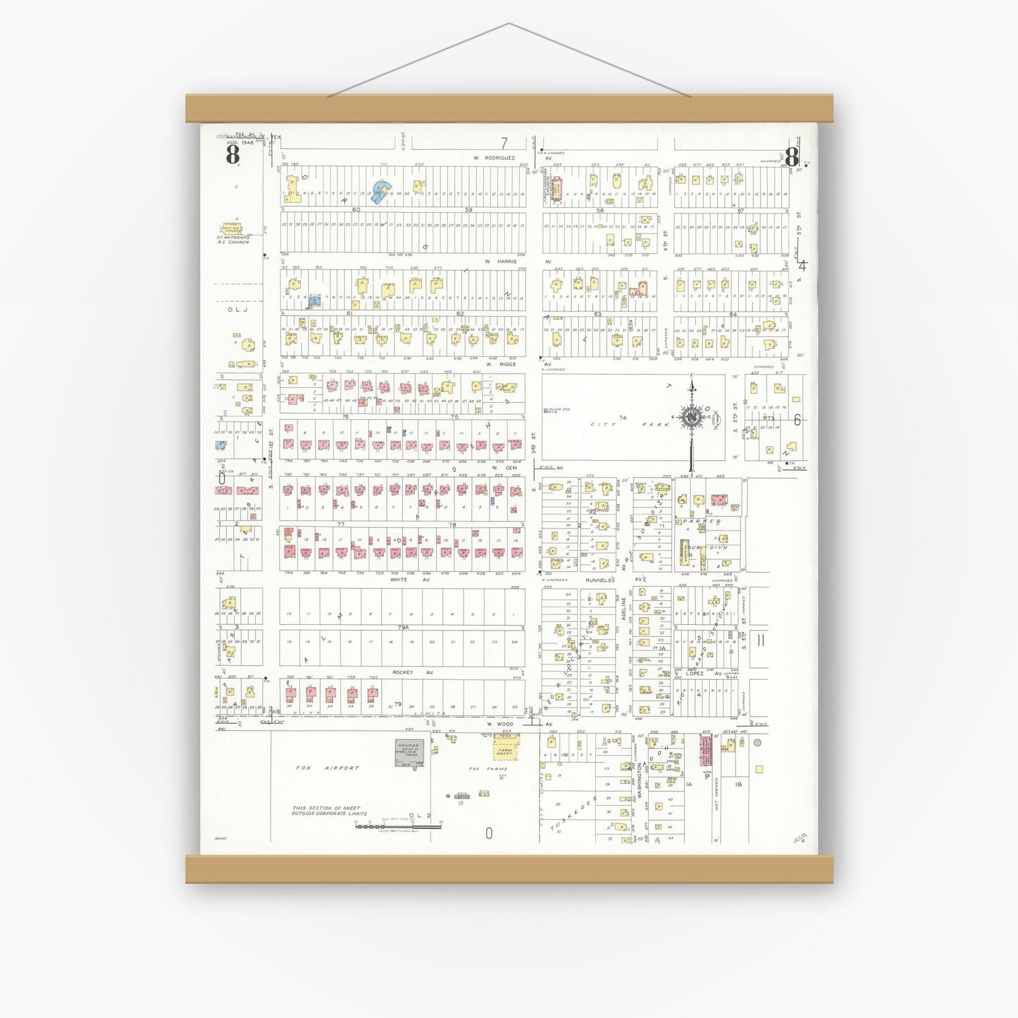 Old map wall art mockup — magnetic wood frame on white wall — Sanborn Fire Insurance Map from Raymondville, Willacy County, Texas (1948), Sheet #0008