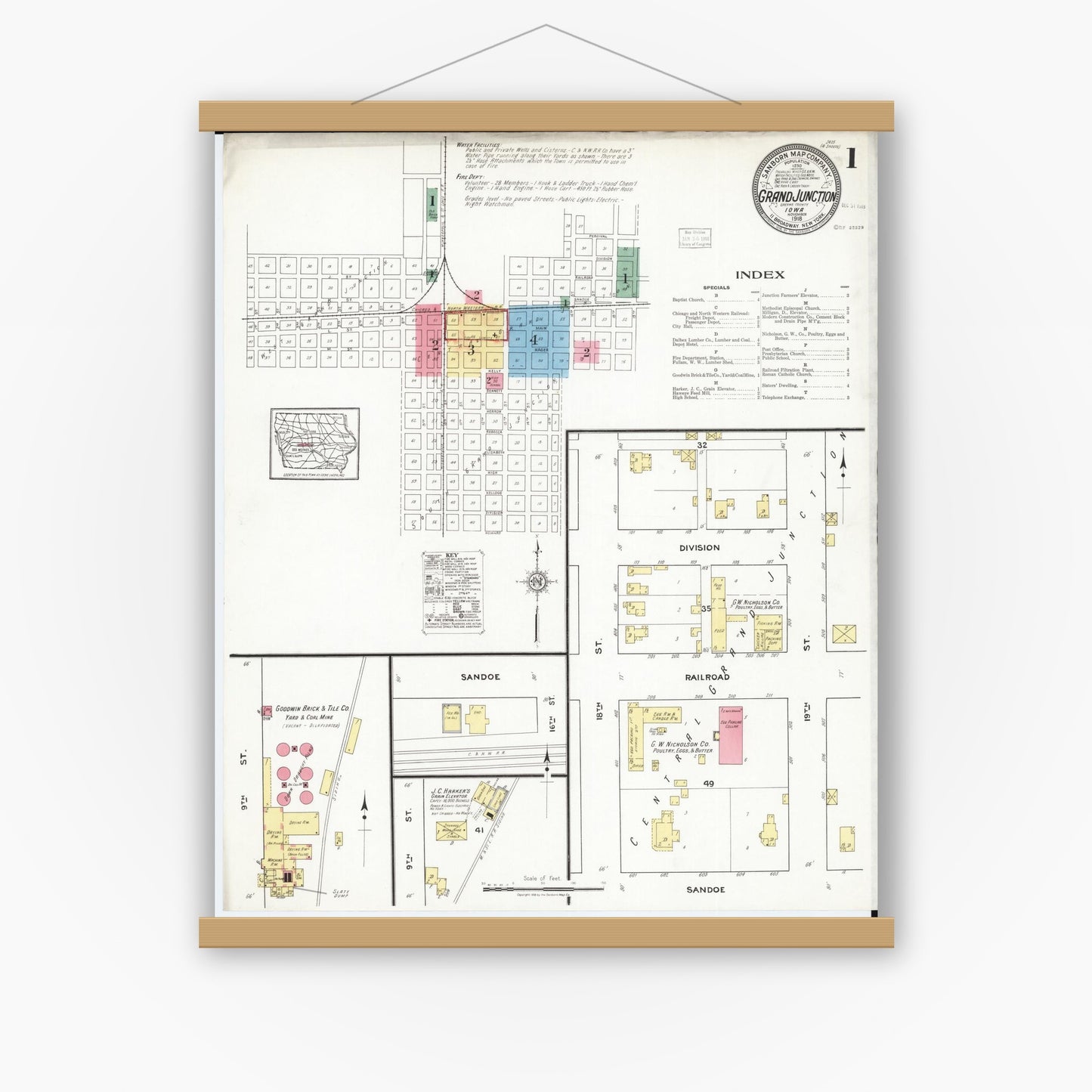 Old map wall art mockup — magnetic wood frame on white wall — Sanborn Fire Insurance Map from Grand Junction, Greene County, Iowa (1918) â€” Complete Set