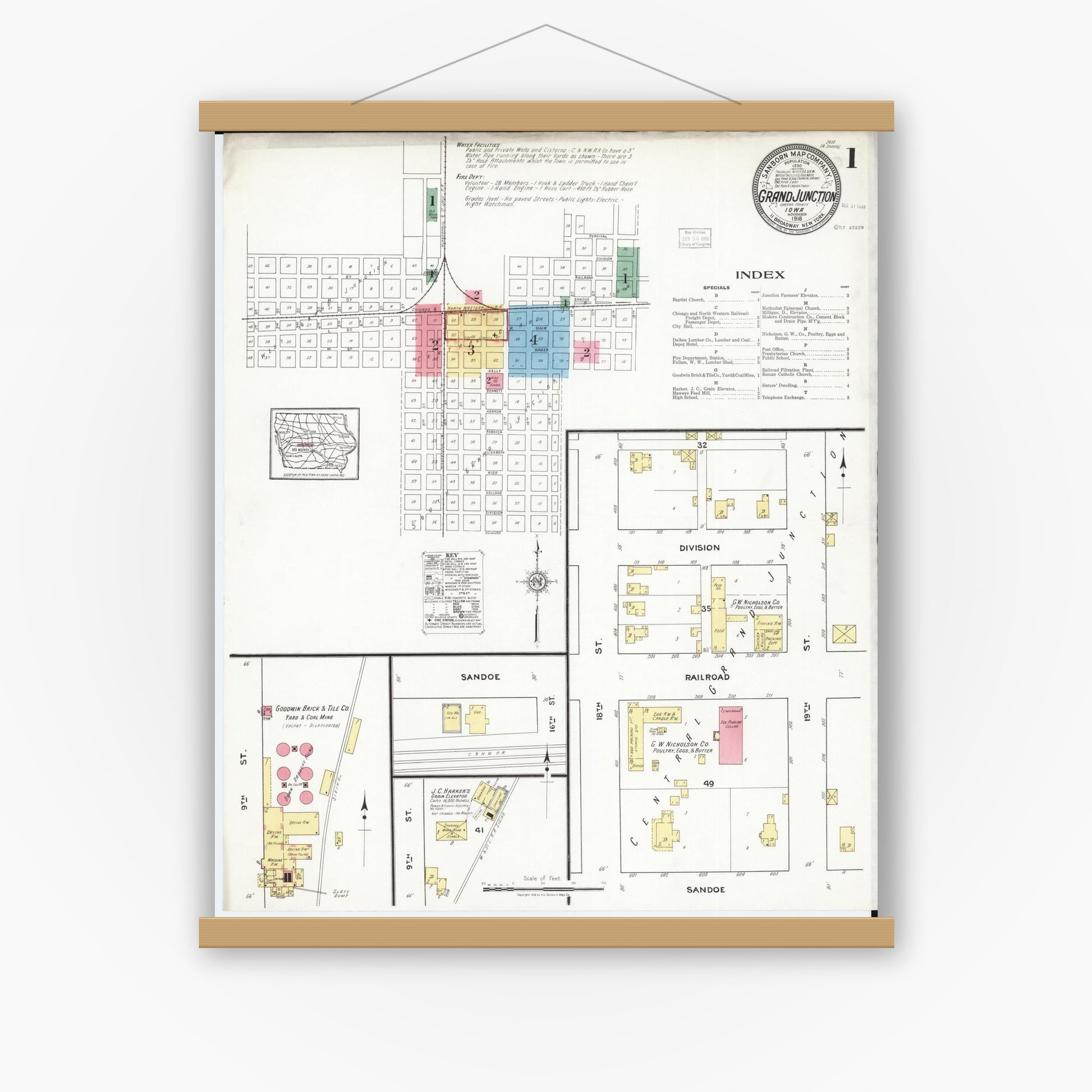 Old map wall art mockup — magnetic wood frame on white wall — Sanborn Fire Insurance Map from Grand Junction, Greene County, Iowa (1918) â€” Complete Set