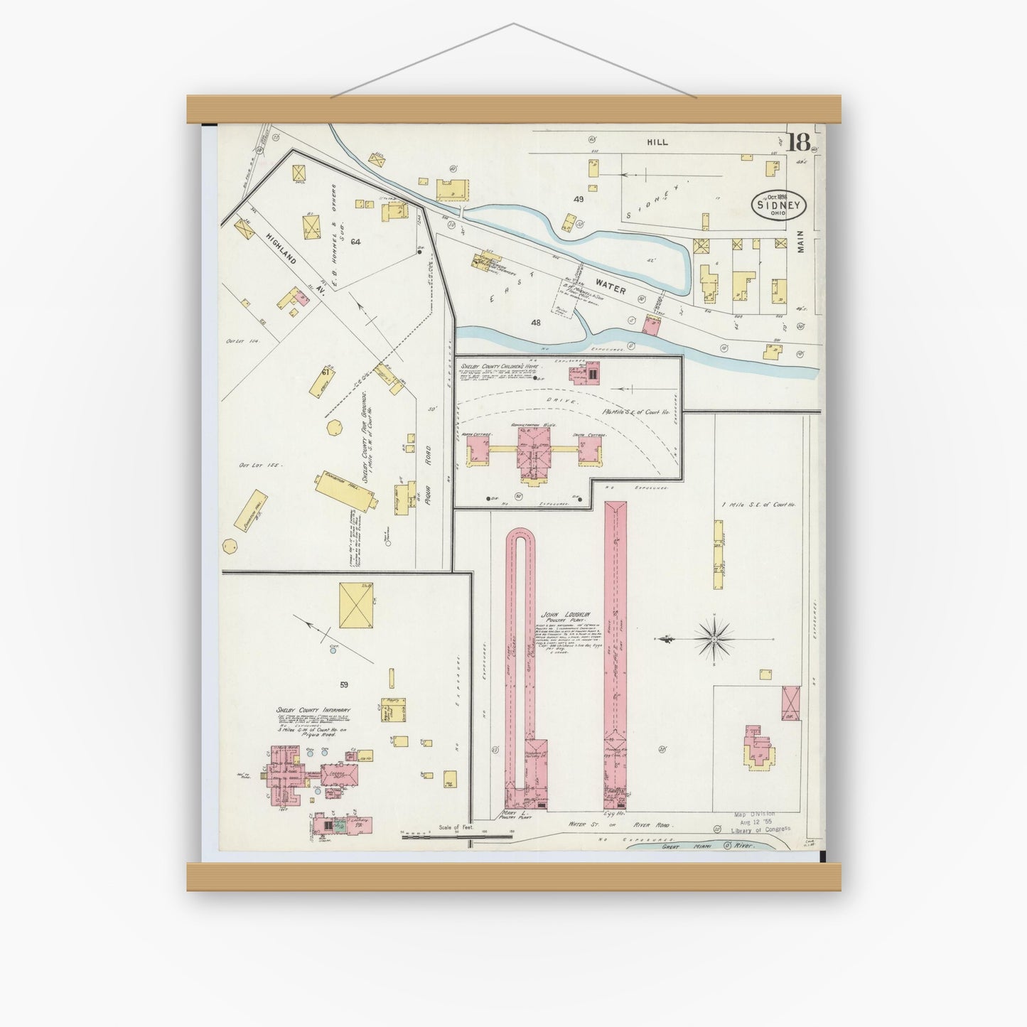 Old map wall art mockup — magnetic wood frame on white wall — Sanborn Fire Insurance Map from Sidney, Shelby County, Ohio (1898), Sheet #0018