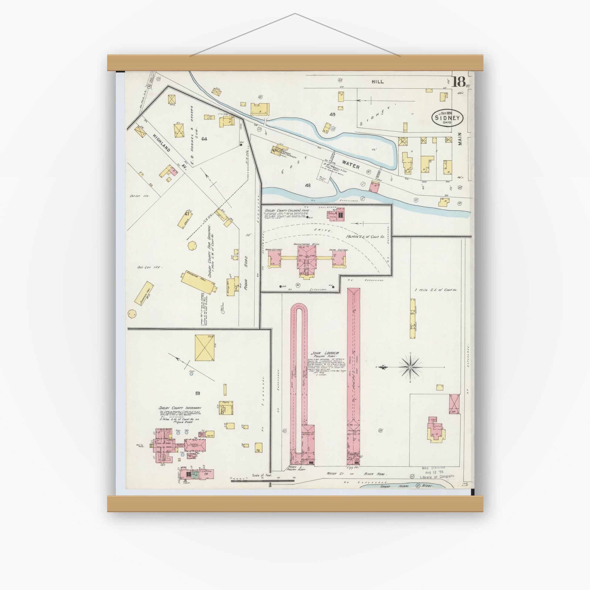 Old map wall art mockup — magnetic wood frame on white wall — Sanborn Fire Insurance Map from Sidney, Shelby County, Ohio (1898), Sheet #0018