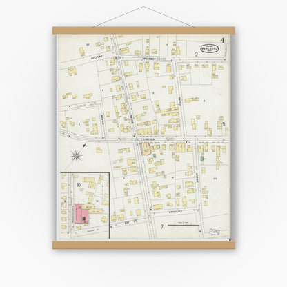 Old map wall art mockup — magnetic wood frame on white wall — Sanborn Fire Insurance Map from Marlborough, Middlesex County, Massachusetts (1896), Sheet #0004