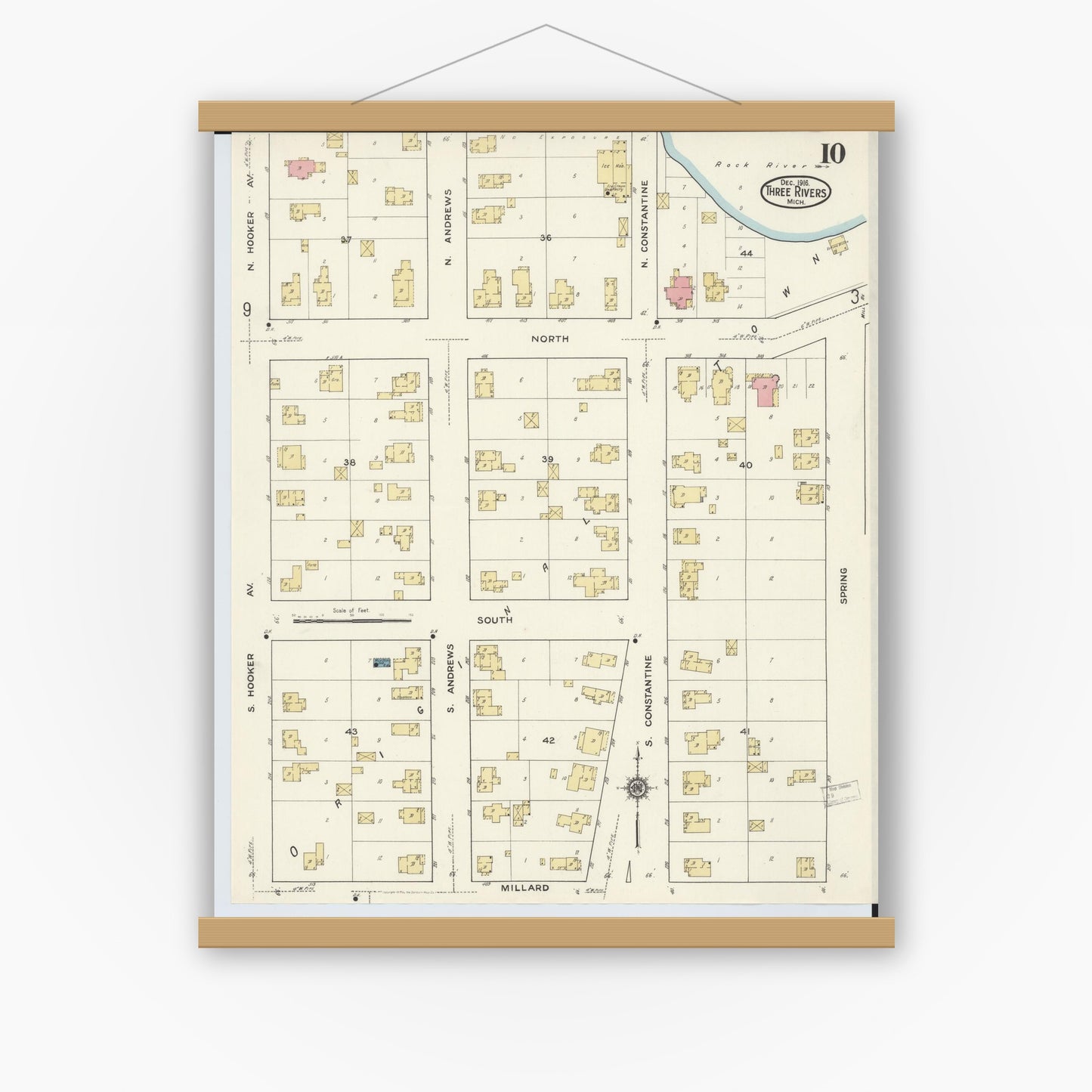 Old map wall art mockup — magnetic wood frame on white wall — Sanborn Fire Insurance Map from Three Rivers, Saint Joseph County, Michigan (1916), Sheet #0010
