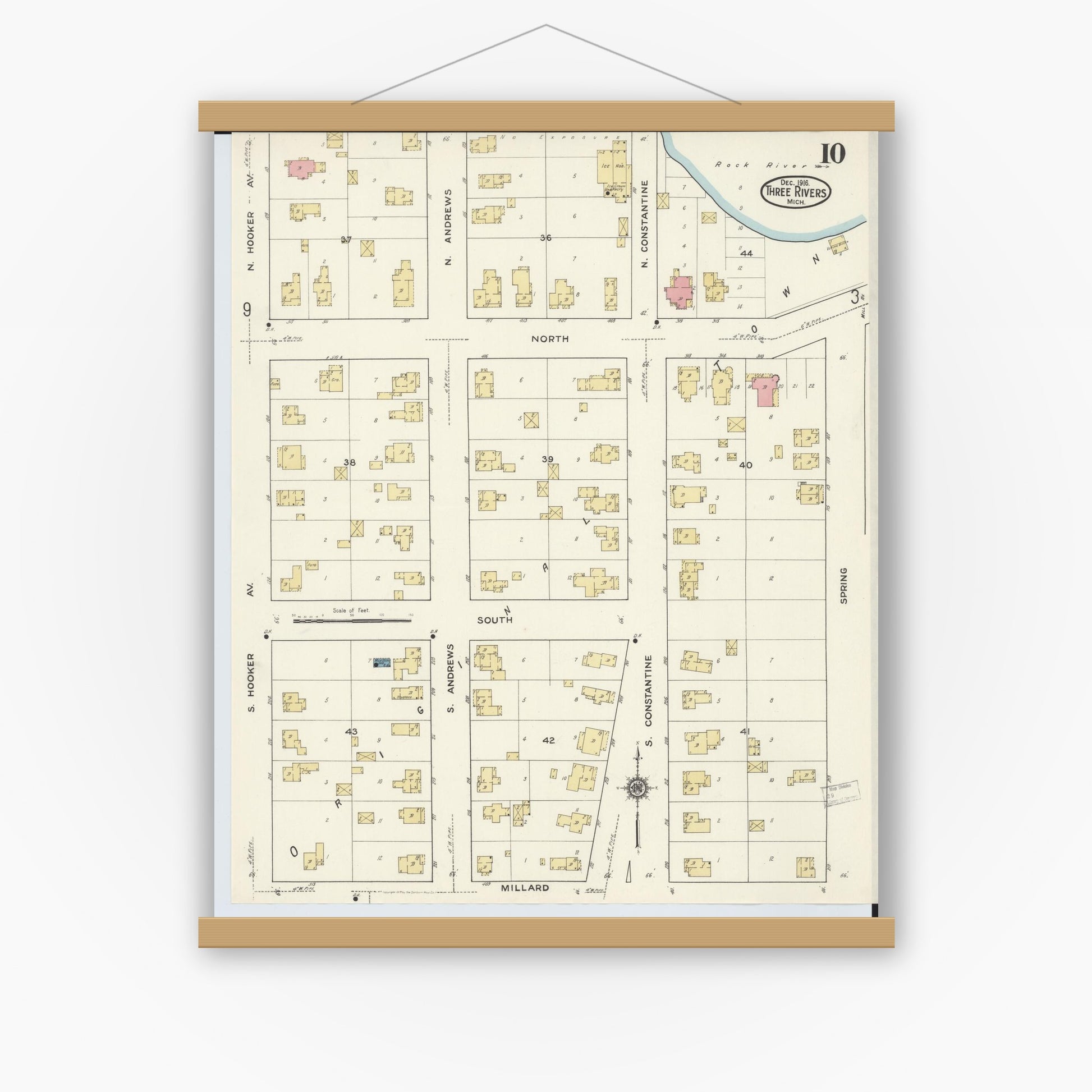 Old map wall art mockup — magnetic wood frame on white wall — Sanborn Fire Insurance Map from Three Rivers, Saint Joseph County, Michigan (1916), Sheet #0010