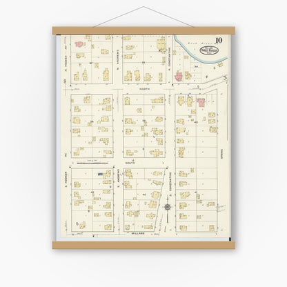 Old map wall art mockup — magnetic wood frame on white wall — Sanborn Fire Insurance Map from Three Rivers, Saint Joseph County, Michigan (1916), Sheet #0010