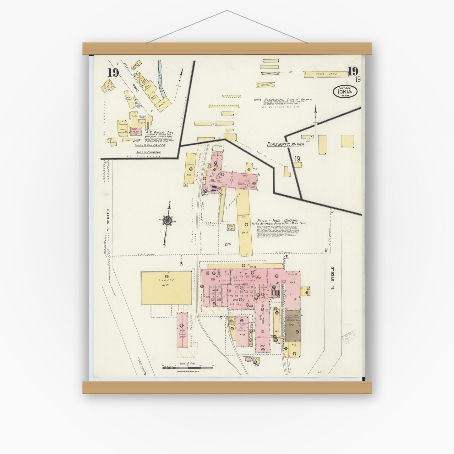 Old map wall art mockup — magnetic wood frame on white wall — Sanborn Fire Insurance Map from Ionia, Ionia County, Michigan (1924), Sheet #0019