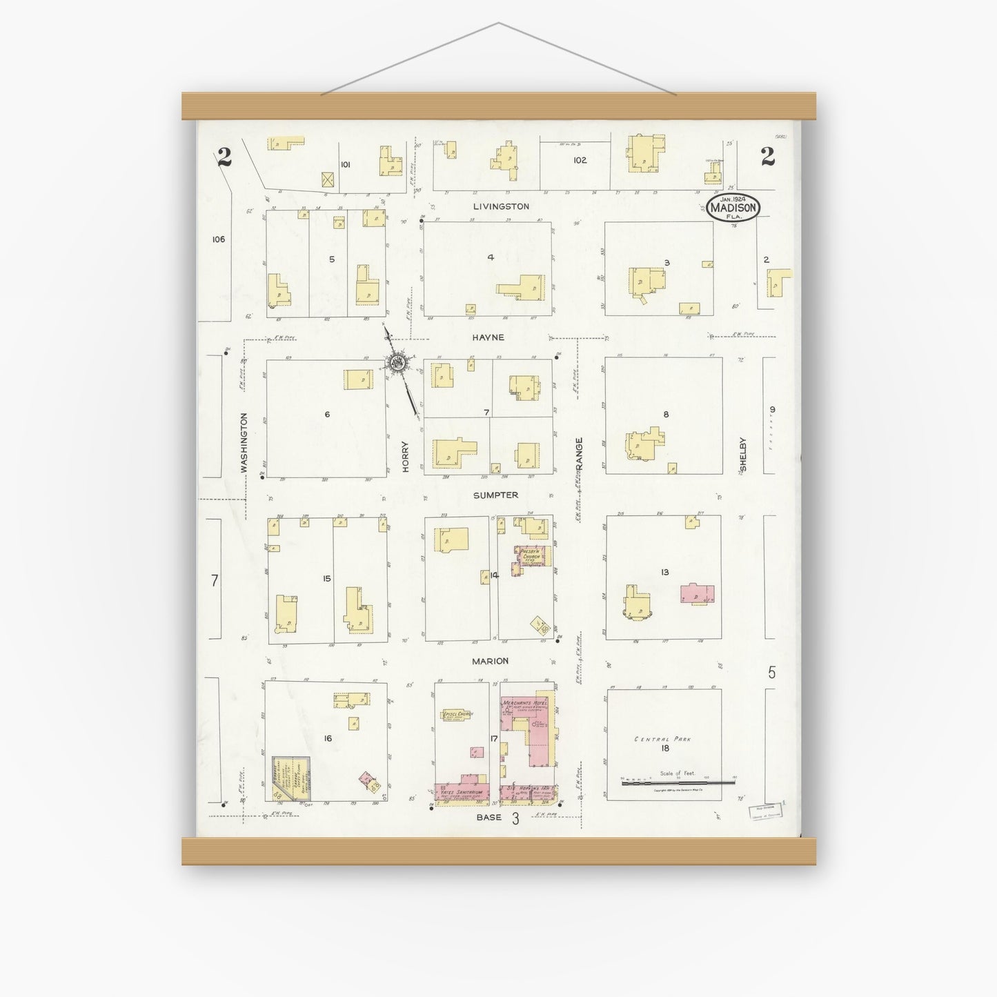 Old map wall art mockup — magnetic wood frame on white wall — Sanborn Fire Insurance Map from Madison, Madison County, Florida (1924), Sheet #0002