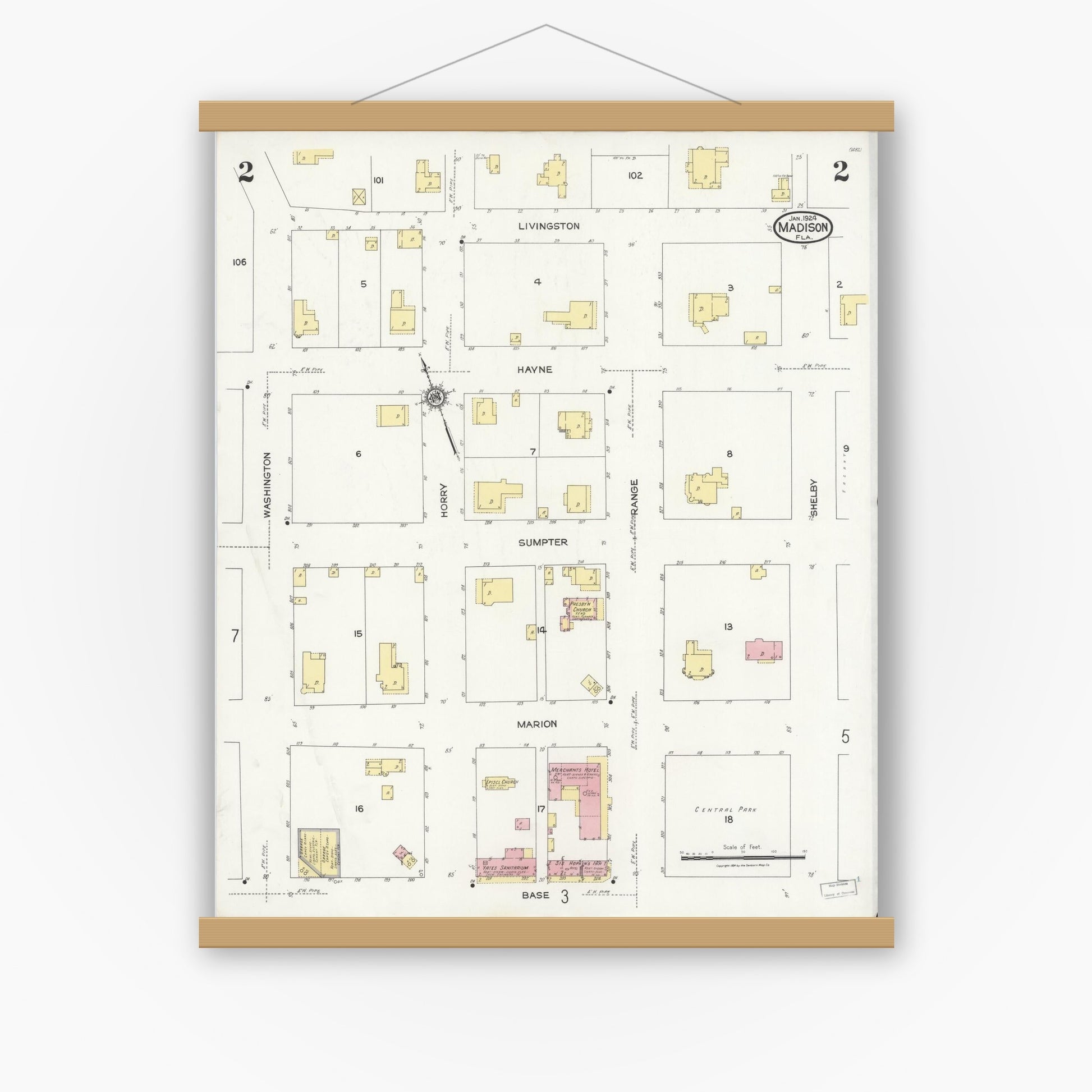 Old map wall art mockup — magnetic wood frame on white wall — Sanborn Fire Insurance Map from Madison, Madison County, Florida (1924), Sheet #0002