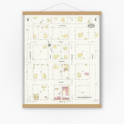 Old map wall art mockup — magnetic wood frame on white wall — Sanborn Fire Insurance Map from Madison, Madison County, Florida (1924), Sheet #0002