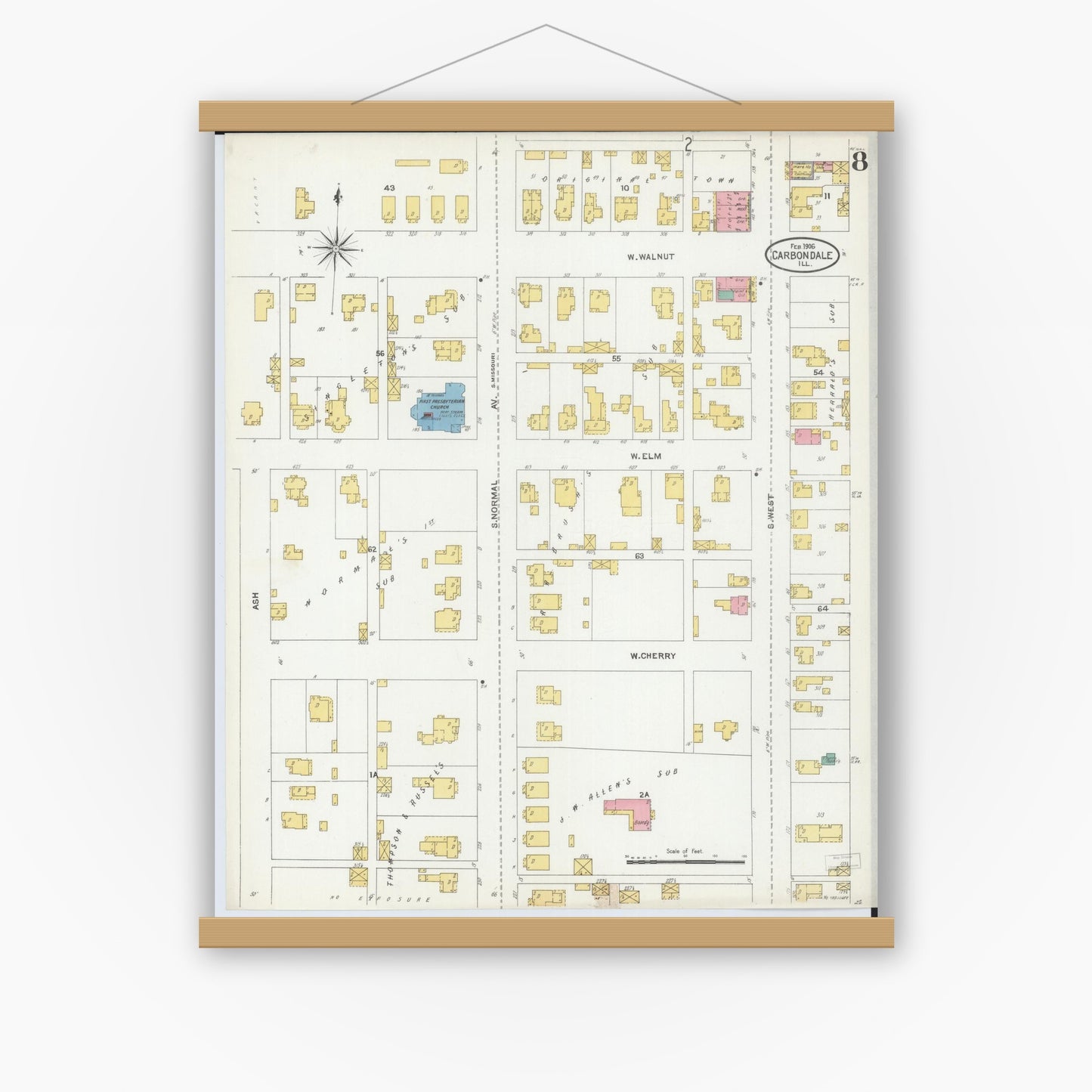 Old map wall art mockup — magnetic wood frame on white wall — Sanborn Fire Insurance Map from Carbondale, Jackson County, Illinois (1906), Sheet #0008