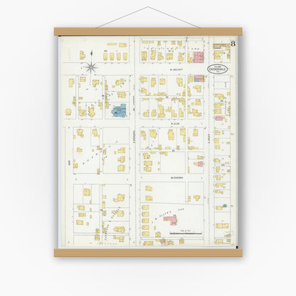 Old map wall art mockup — magnetic wood frame on white wall — Sanborn Fire Insurance Map from Carbondale, Jackson County, Illinois (1906), Sheet #0008