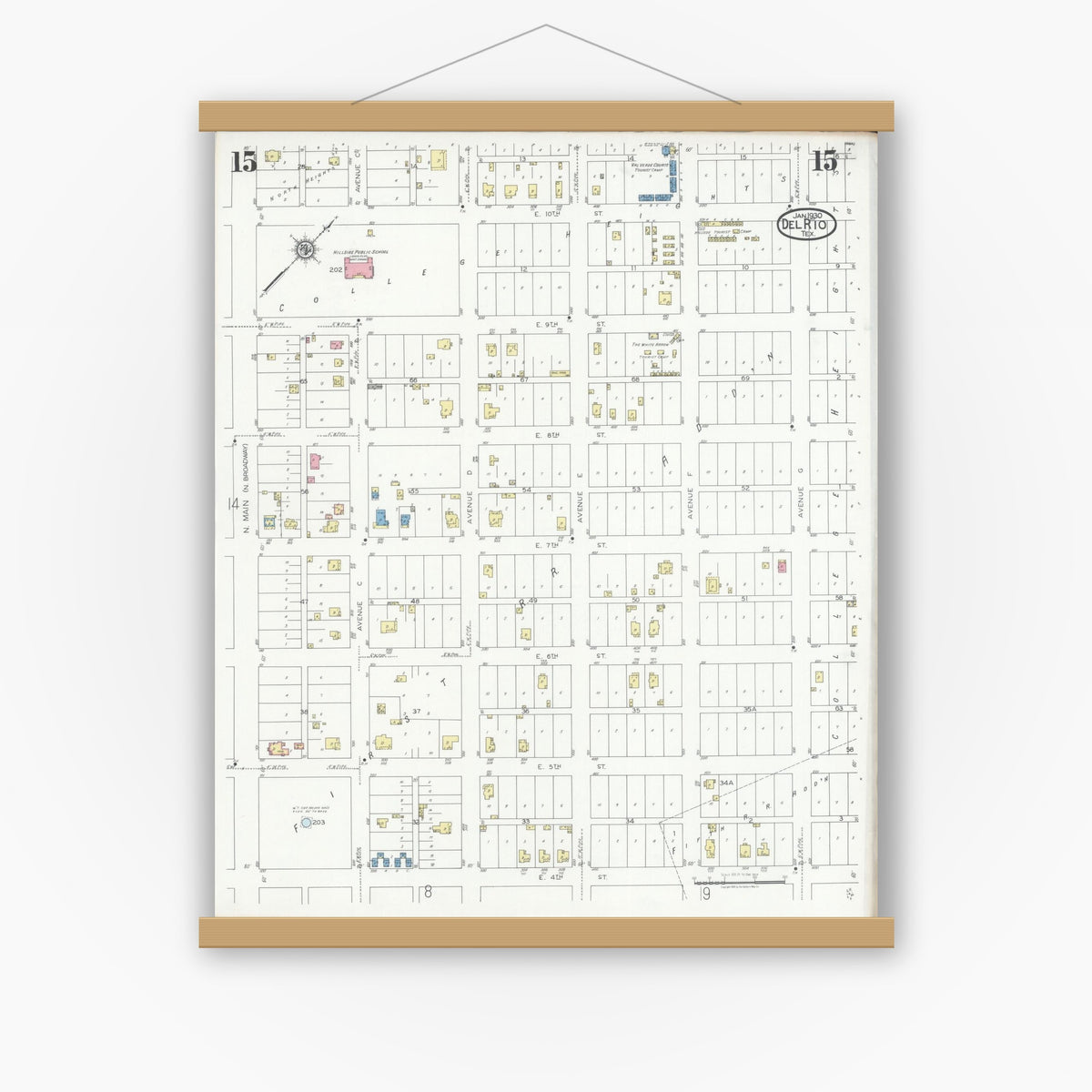 Old map wall art mockup — magnetic wood frame on white wall — Sanborn Fire Insurance Map from Del Rio, Val Verde County, Texas (1930), Sheet #0015