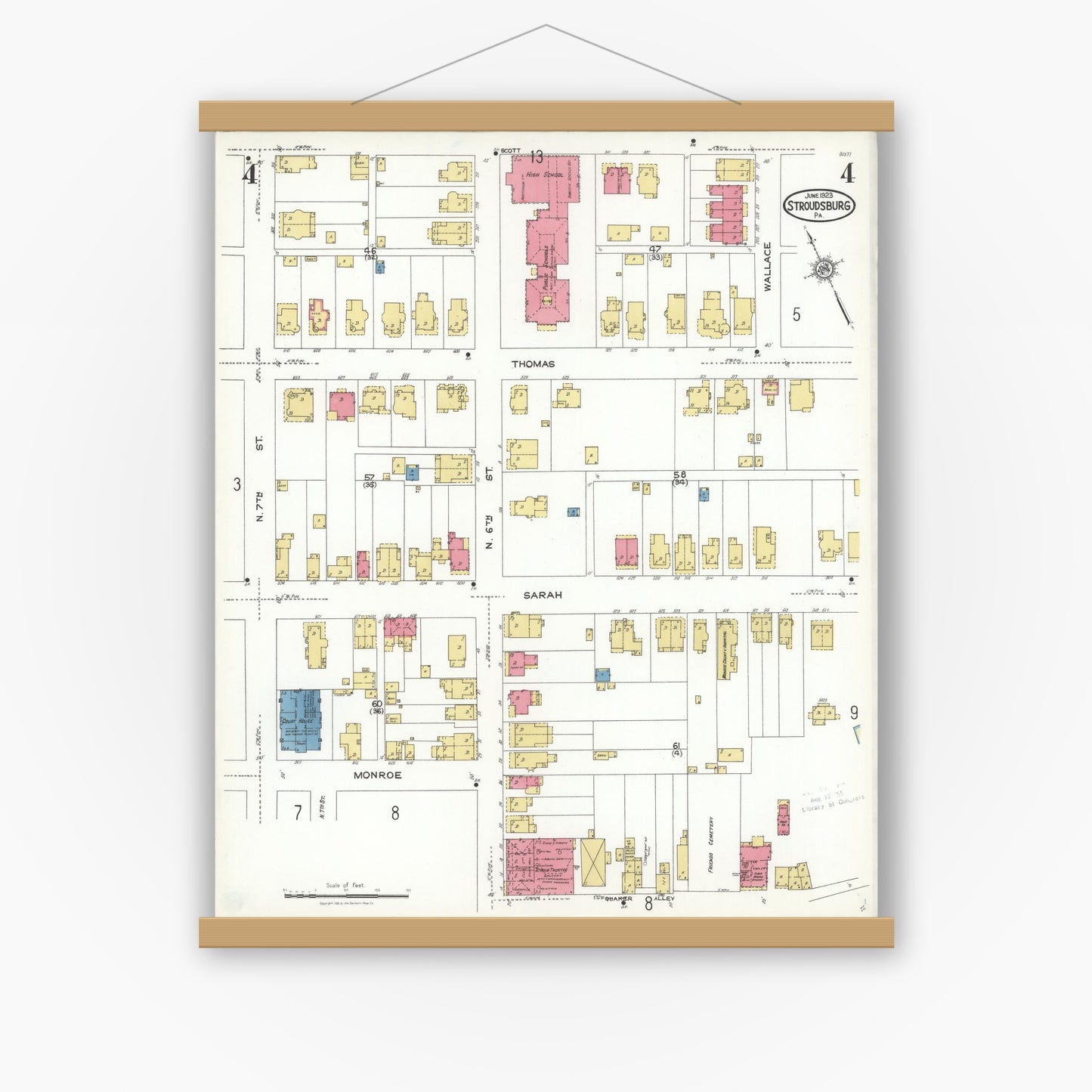 Old map wall art mockup — magnetic wood frame on white wall — Sanborn Fire Insurance Map from Stroudsburg, Monroe County, Pennsylvania (1923), Sheet #0004