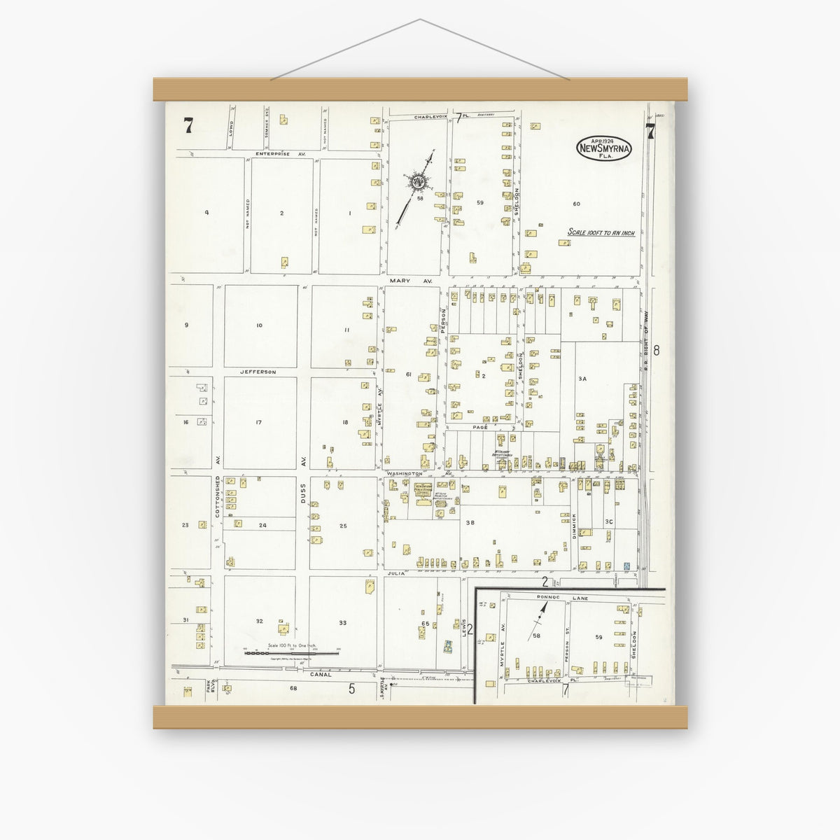 Old map wall art mockup — magnetic wood frame on white wall — Sanborn Fire Insurance Map from New Smyrna, Valusia County, Florida (1924), Sheet #0007