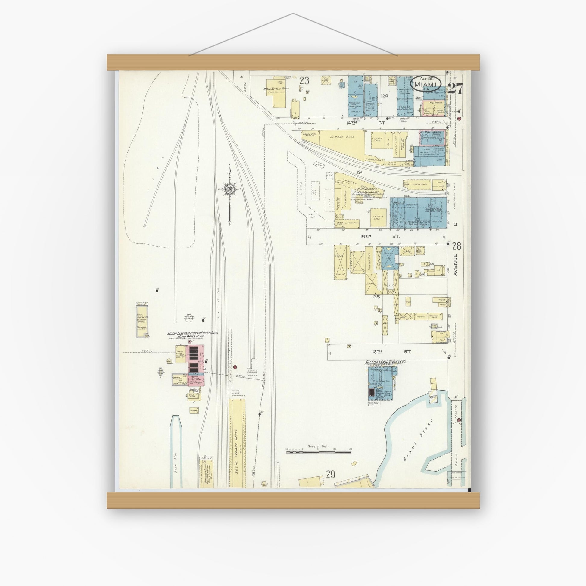 Old map wall art mockup — magnetic wood frame on white wall — Sanborn Fire Insurance Map from Miami, Dade County, Florida (1914), Sheet #0027