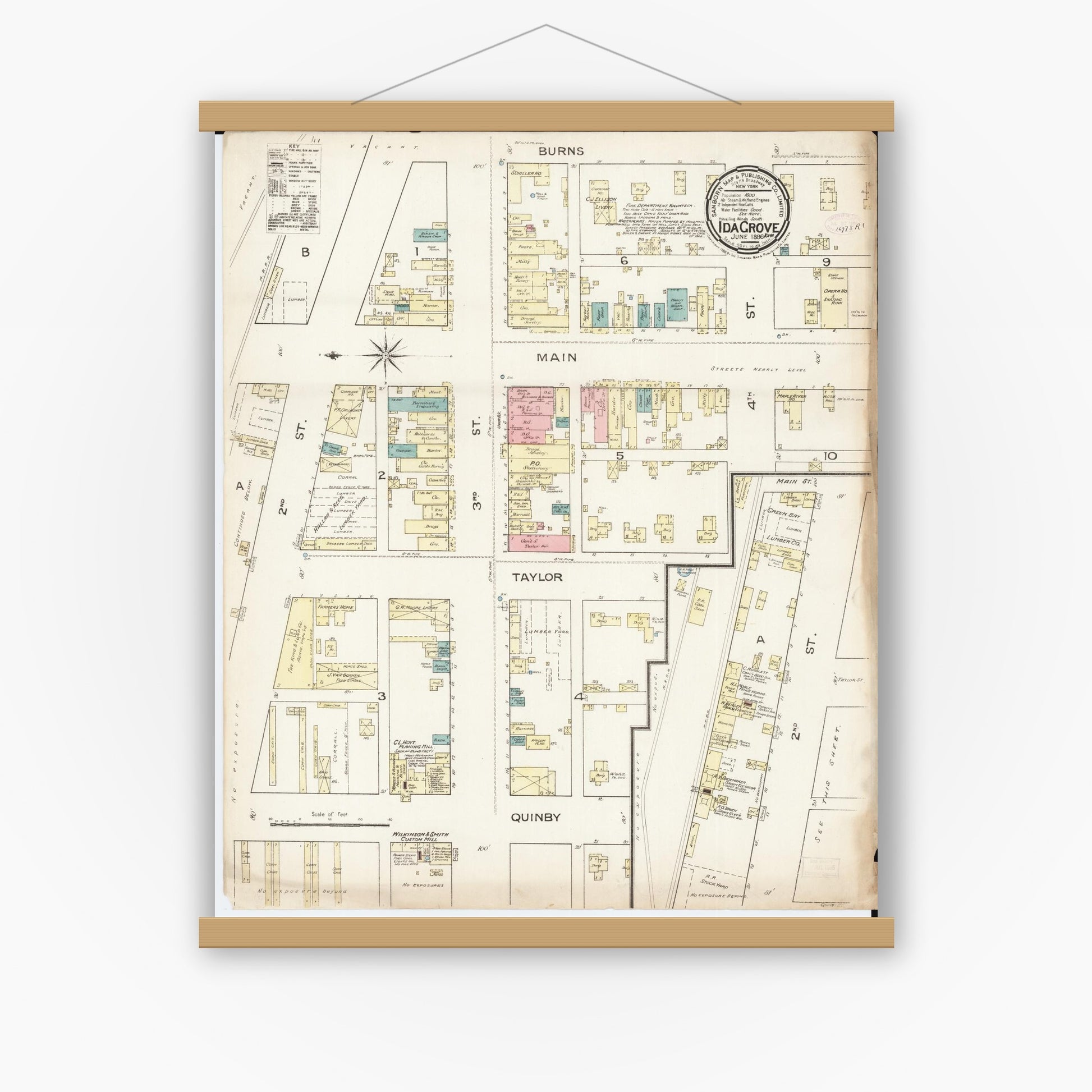 Old map wall art mockup — magnetic wood frame on white wall — Sanborn Fire Insurance Map from Ida Grove, Ida County, Iowa (1886), Sheet #0001