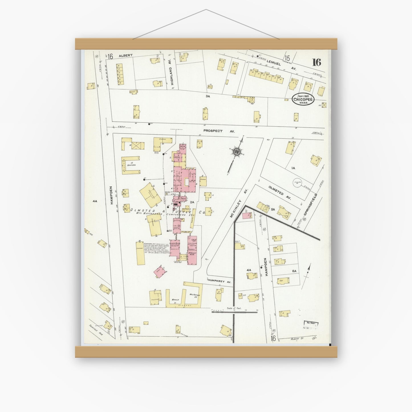 Old map wall art mockup — magnetic wood frame on white wall — Sanborn Fire Insurance Map from Chicopee, Hampden County, Massachusetts (1910), Sheet #0016