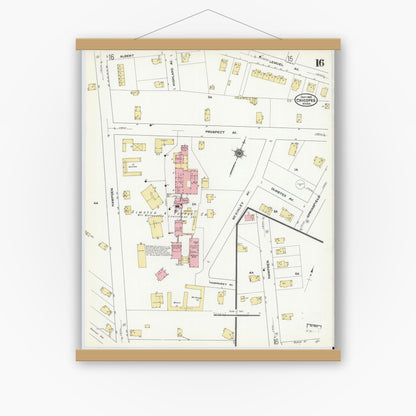 Old map wall art mockup — magnetic wood frame on white wall — Sanborn Fire Insurance Map from Chicopee, Hampden County, Massachusetts (1910), Sheet #0016
