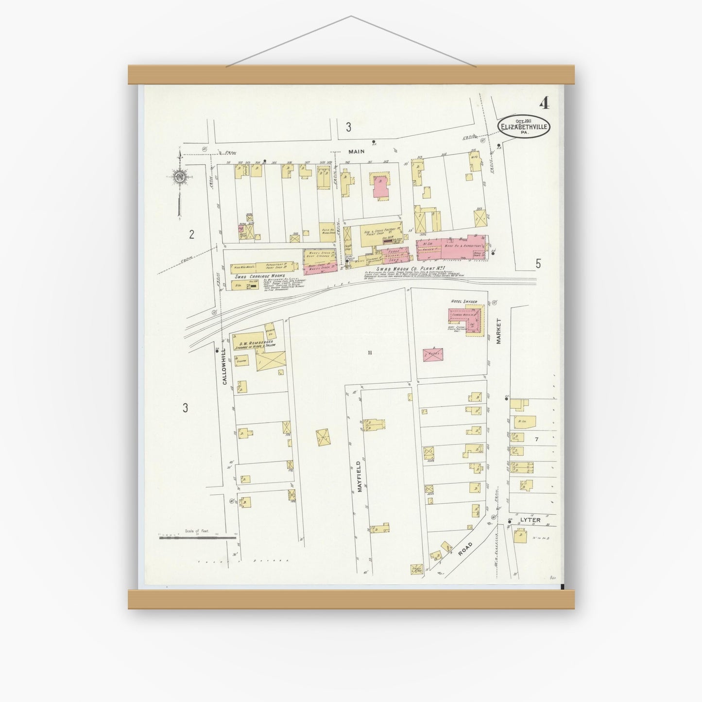 Old map wall art mockup — magnetic wood frame on white wall — Sanborn Fire Insurance Map from Elizabethville, Dauphin County, Pennsylvania (1911), Sheet #0004