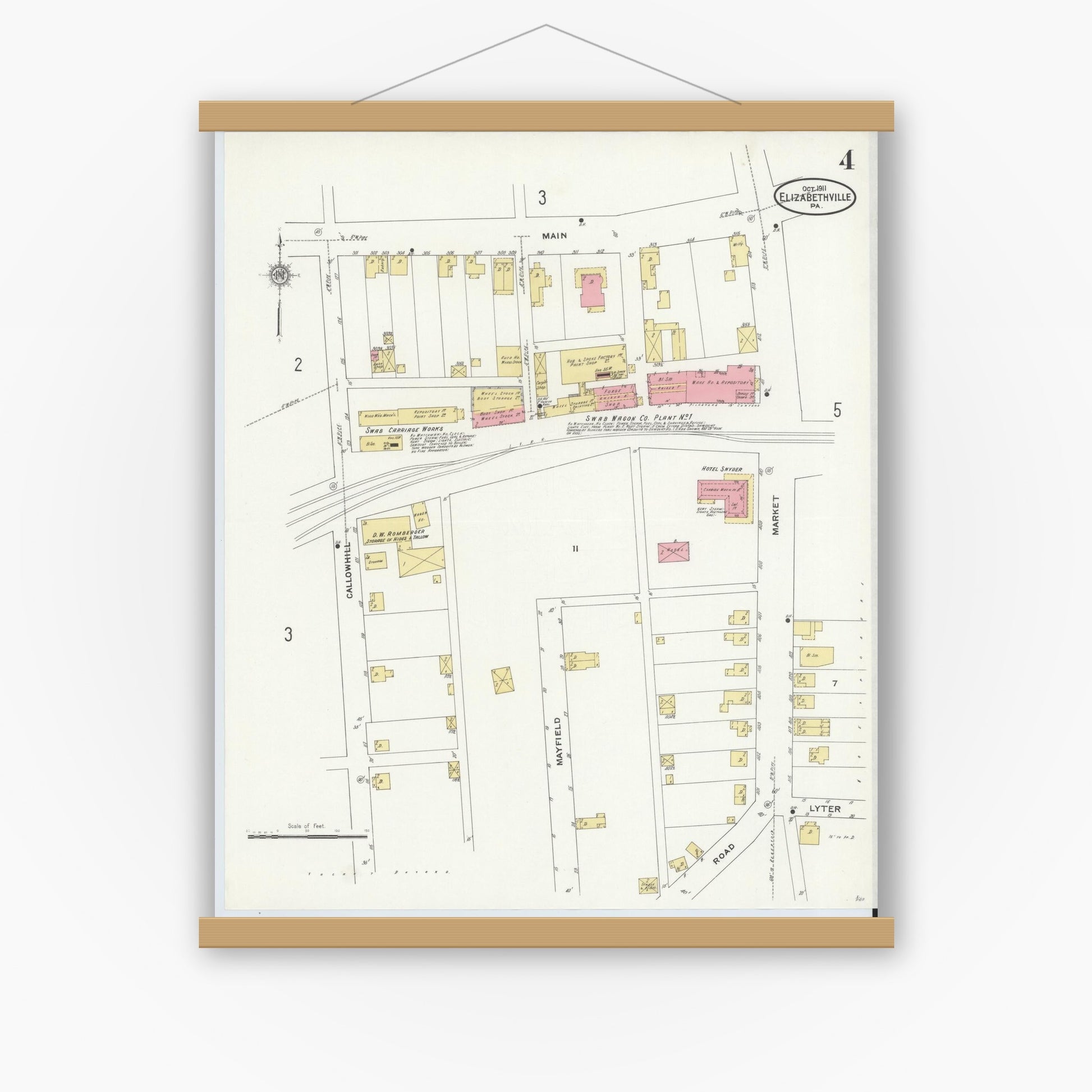 Old map wall art mockup — magnetic wood frame on white wall — Sanborn Fire Insurance Map from Elizabethville, Dauphin County, Pennsylvania (1911), Sheet #0004