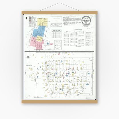Old map wall art mockup — magnetic wood frame on white wall — Sanborn Fire Insurance Map from Lewisburg, Preble County, Ohio (1951), Sheet #0001