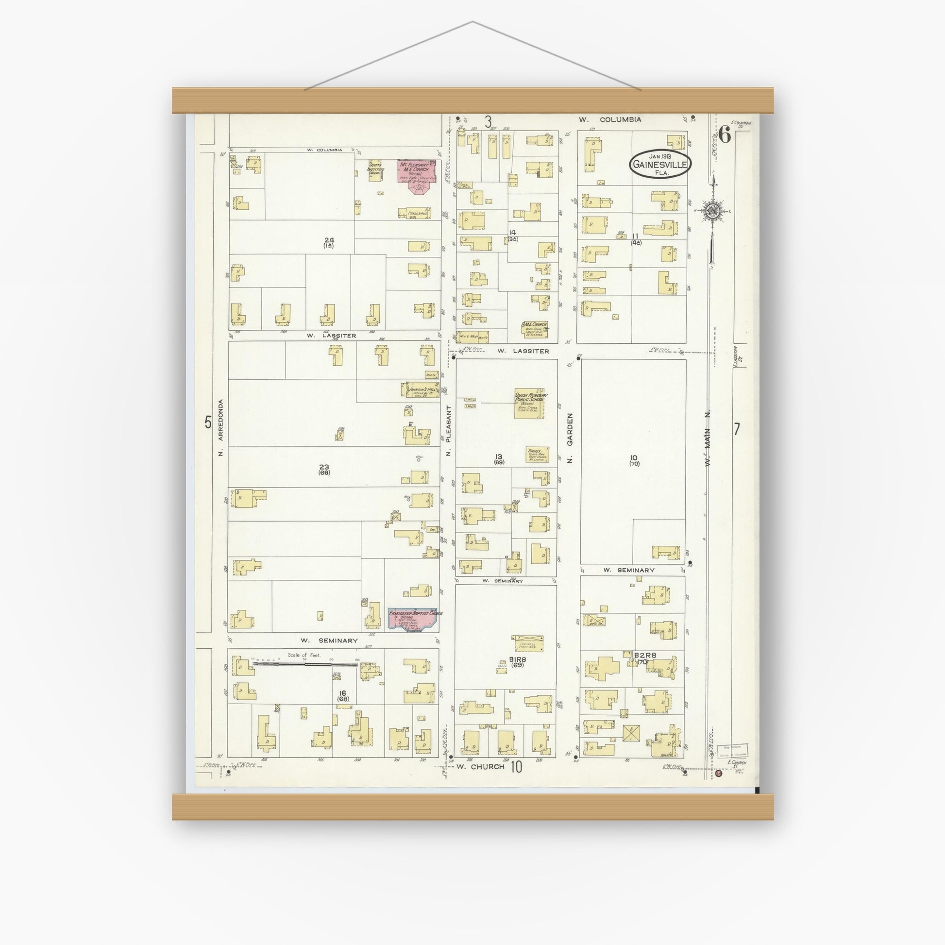 Old map wall art mockup — magnetic wood frame on white wall — Sanborn Fire Insurance Map from Gainesville, Alachua County, Florida (1913), Sheet #0006