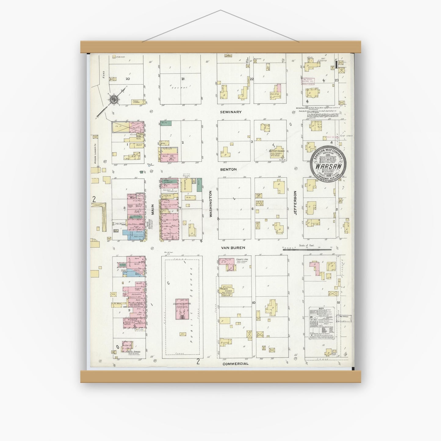 Old map wall art mockup — magnetic wood frame on white wall — Sanborn Fire Insurance Map from Warsaw, Benton County, Missouri (1909), Sheet #0001