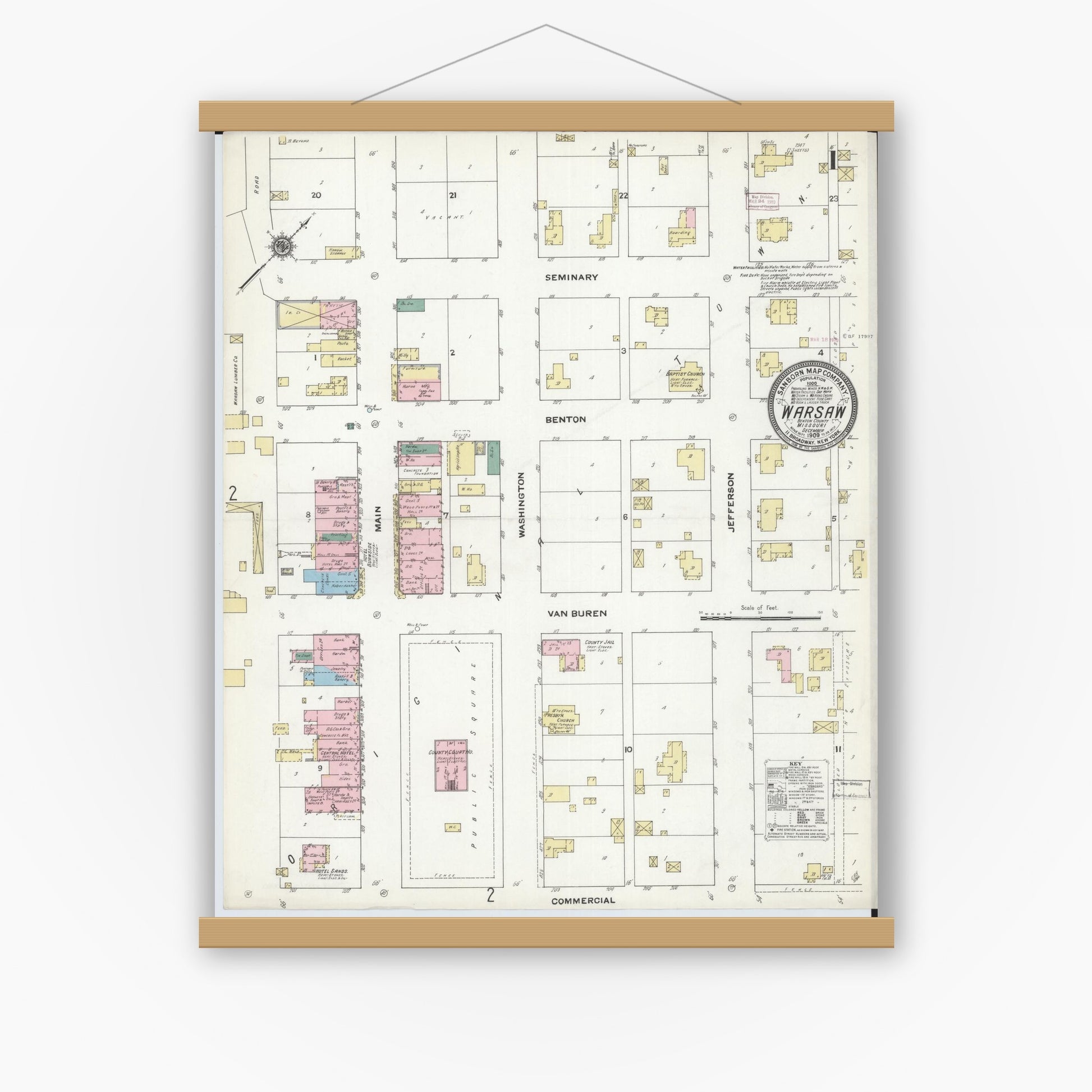 Old map wall art mockup — magnetic wood frame on white wall — Sanborn Fire Insurance Map from Warsaw, Benton County, Missouri (1909), Sheet #0001
