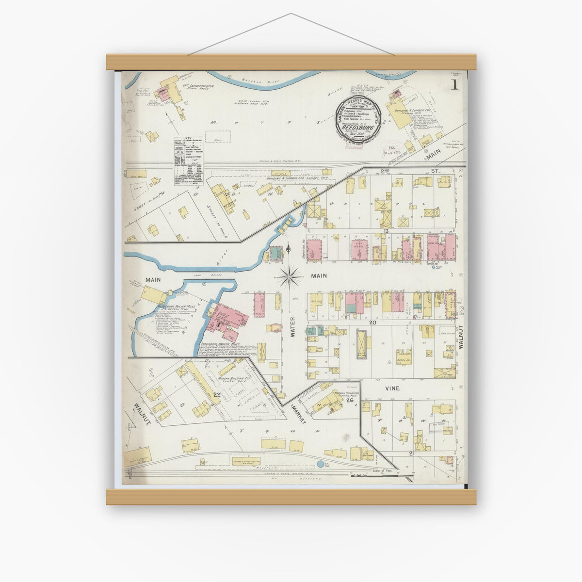 Old map wall art mockup — magnetic wood frame on white wall — Sanborn Fire Insurance Map from Reedsburg, Sauk County, Wisconsin (1892) - Complete Map Set