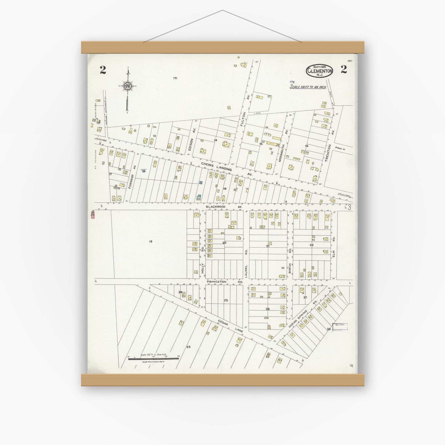 Old map wall art mockup — magnetic wood frame on white wall — Sanborn Fire Insurance Map from Clementon, Camden County, New Jersey (1924), Sheet #0002