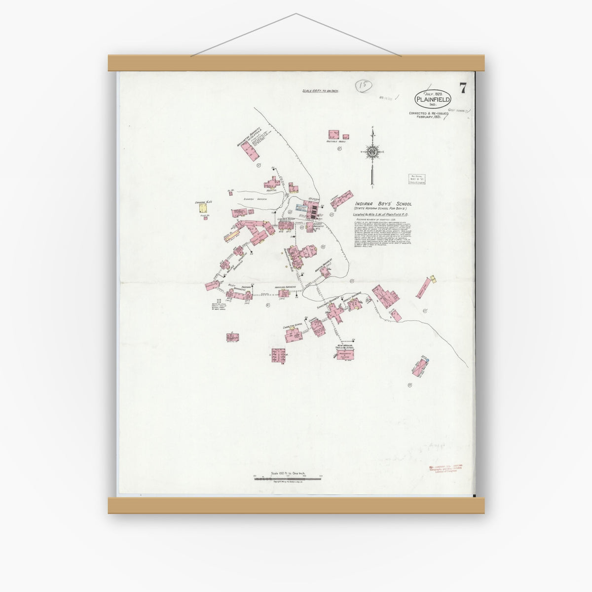 Old map wall art mockup — magnetic wood frame on white wall — Sanborn Fire Insurance Map from Plainfield, Hendricks County, Indiana (1921), Sheet #0007