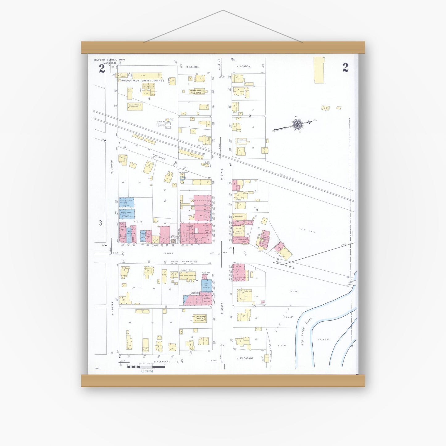 Old map wall art mockup — magnetic wood frame on white wall — Sanborn Fire Insurance Map from Milford Center, Union County, Ohio (1946), Sheet #0002