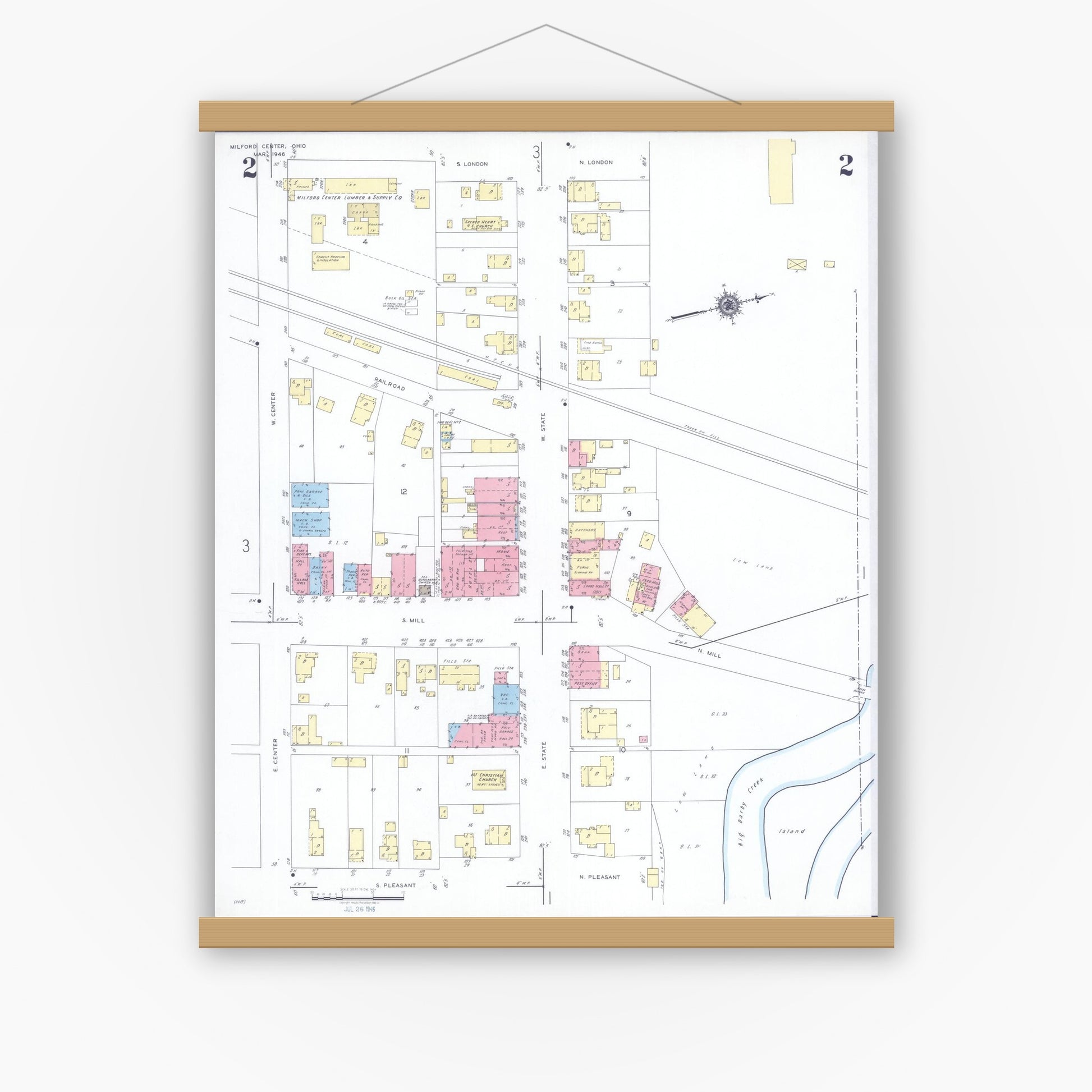 Old map wall art mockup — magnetic wood frame on white wall — Sanborn Fire Insurance Map from Milford Center, Union County, Ohio (1946), Sheet #0002